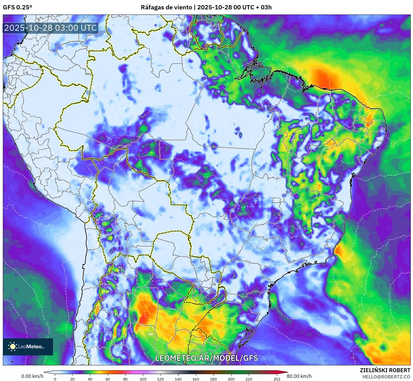 GFS model - Brasil, Ráfagas de viento GFS model - Brasil, Ráfagas de viento