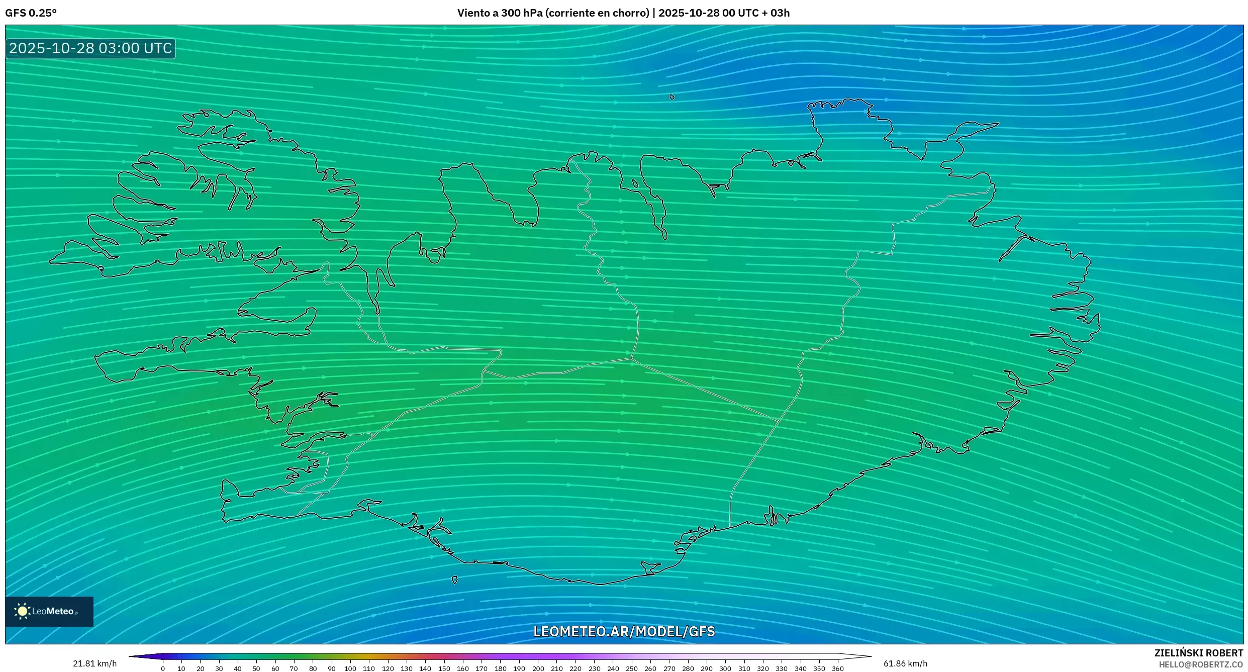 GFS model - Islandia, Viento a 300 hPa (corriente en chorro) GFS model - Islandia, Viento a 300 hPa (corriente en chorro)