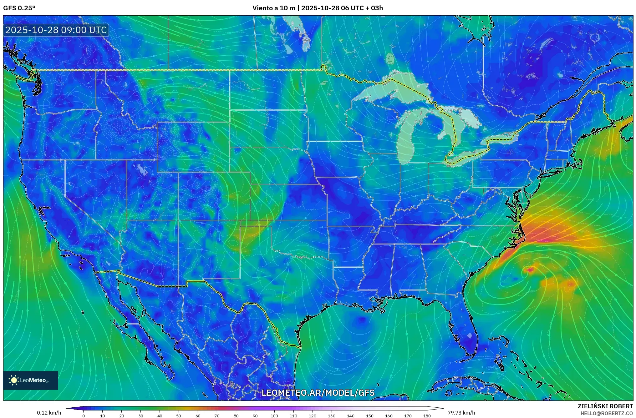 GFS model - Estados Unidos, Viento a 10 m GFS model - Estados Unidos, Viento a 10 m