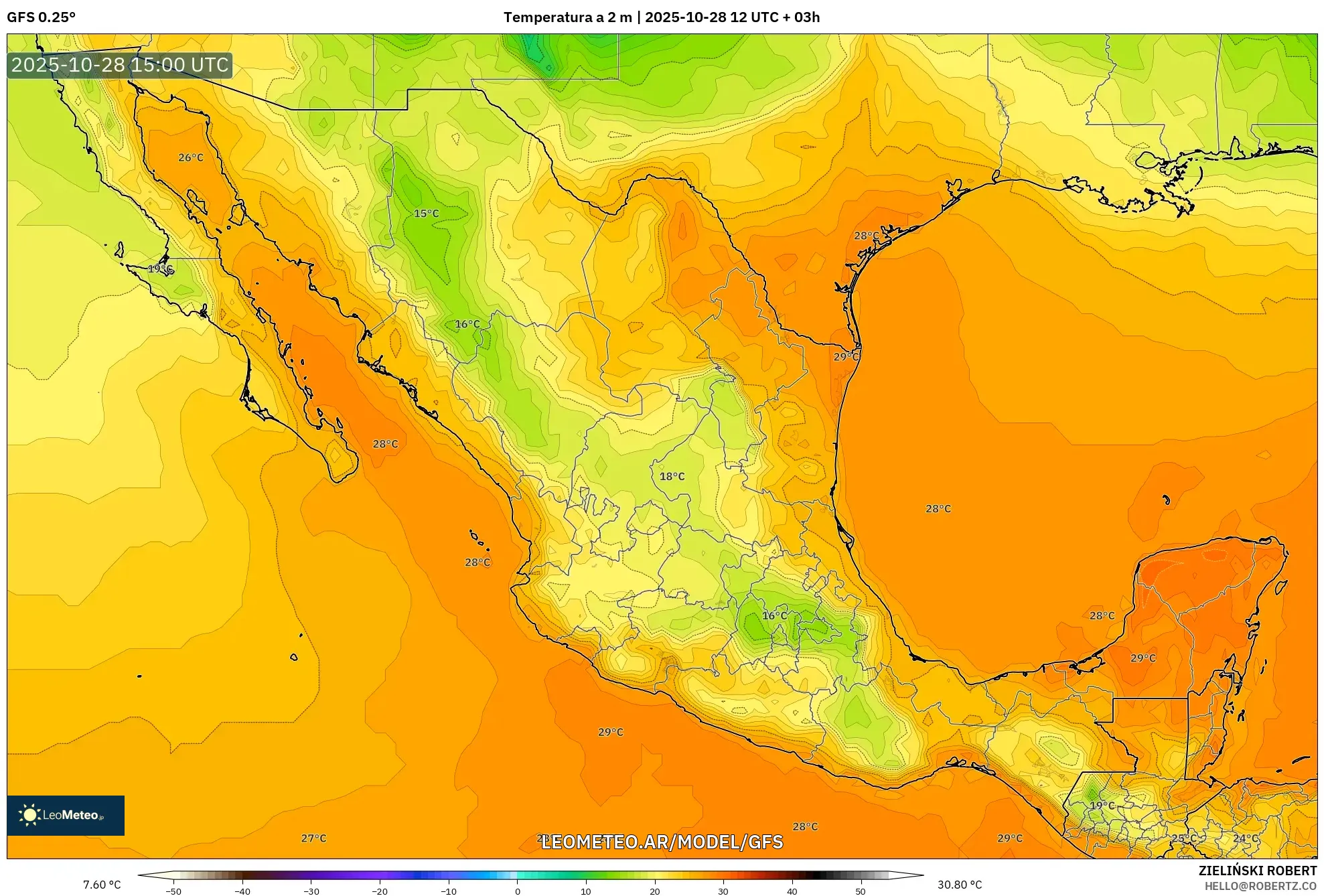 GFS model - México, Temperatura a 2 m GFS model - México, Temperatura a 2 m