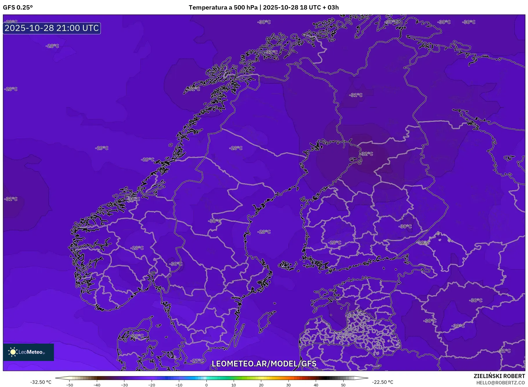 GFS model - Escandinavia, Temperatura a 500 hPa GFS model - Escandinavia, Temperatura a 500 hPa