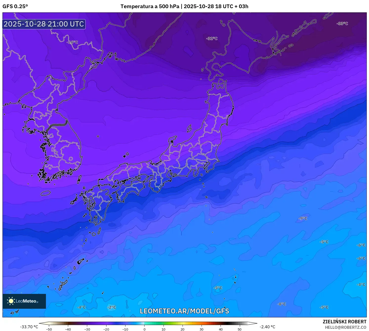 GFS model - Japón, Temperatura a 500 hPa GFS model - Japón, Temperatura a 500 hPa