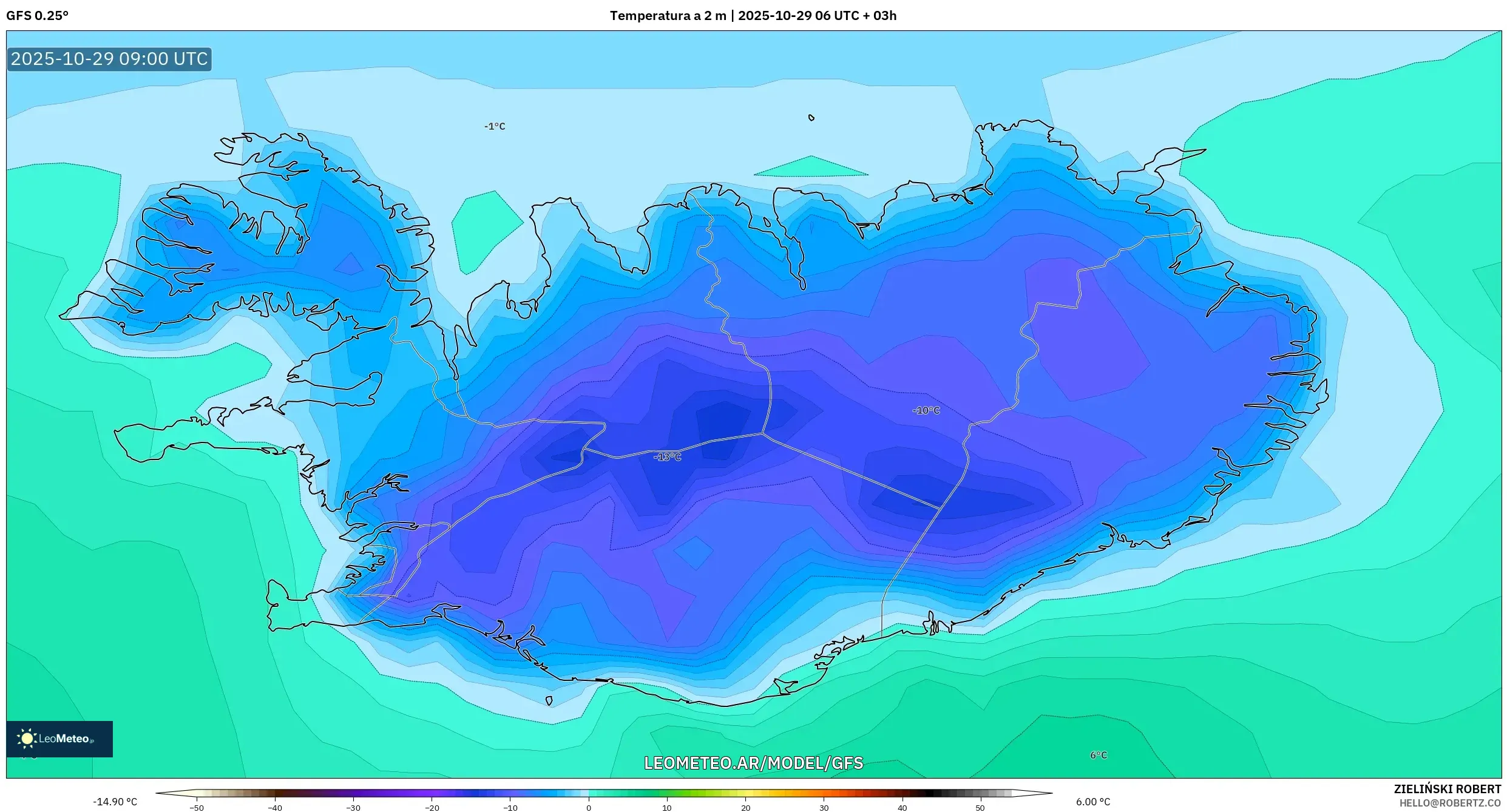 GFS model - Islandia, Temperatura a 2 m GFS model - Islandia, Temperatura a 2 m
