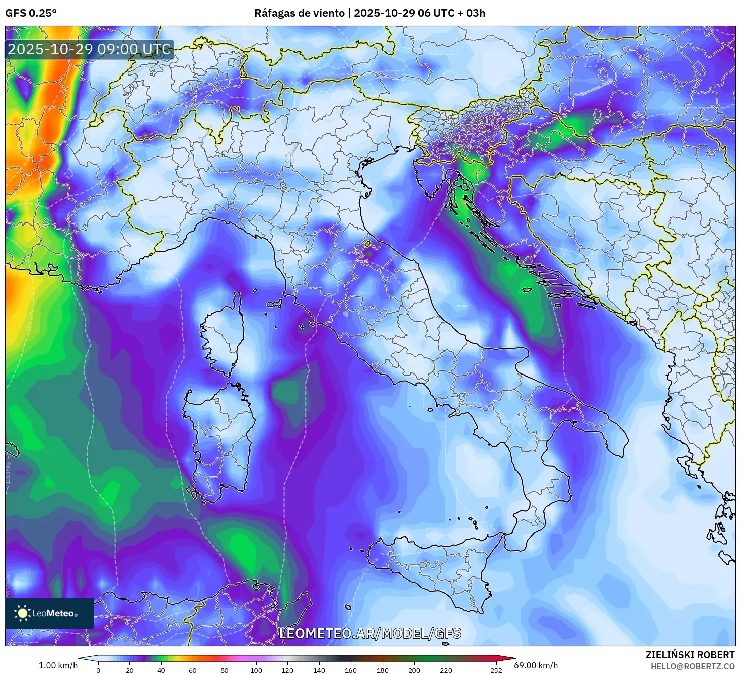 GFS model - Italia, Ráfagas de viento GFS model - Italia, Ráfagas de viento