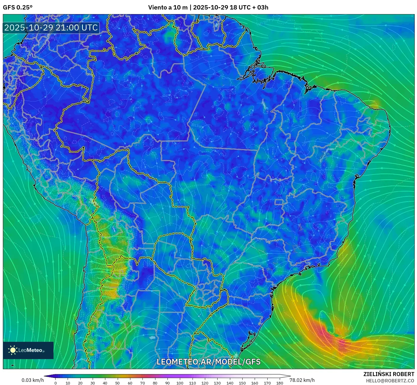 GFS model - Brasil, Viento a 10 m GFS model - Brasil, Viento a 10 m
