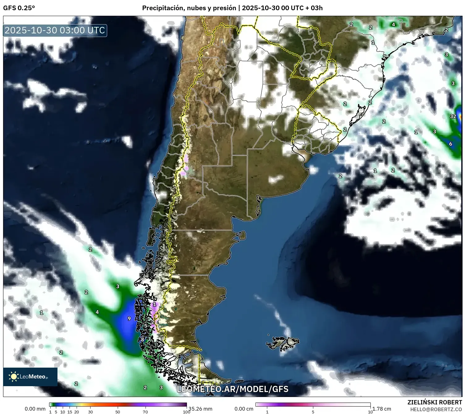 GFS model - Argentina, Precipitación, nubes y presión
