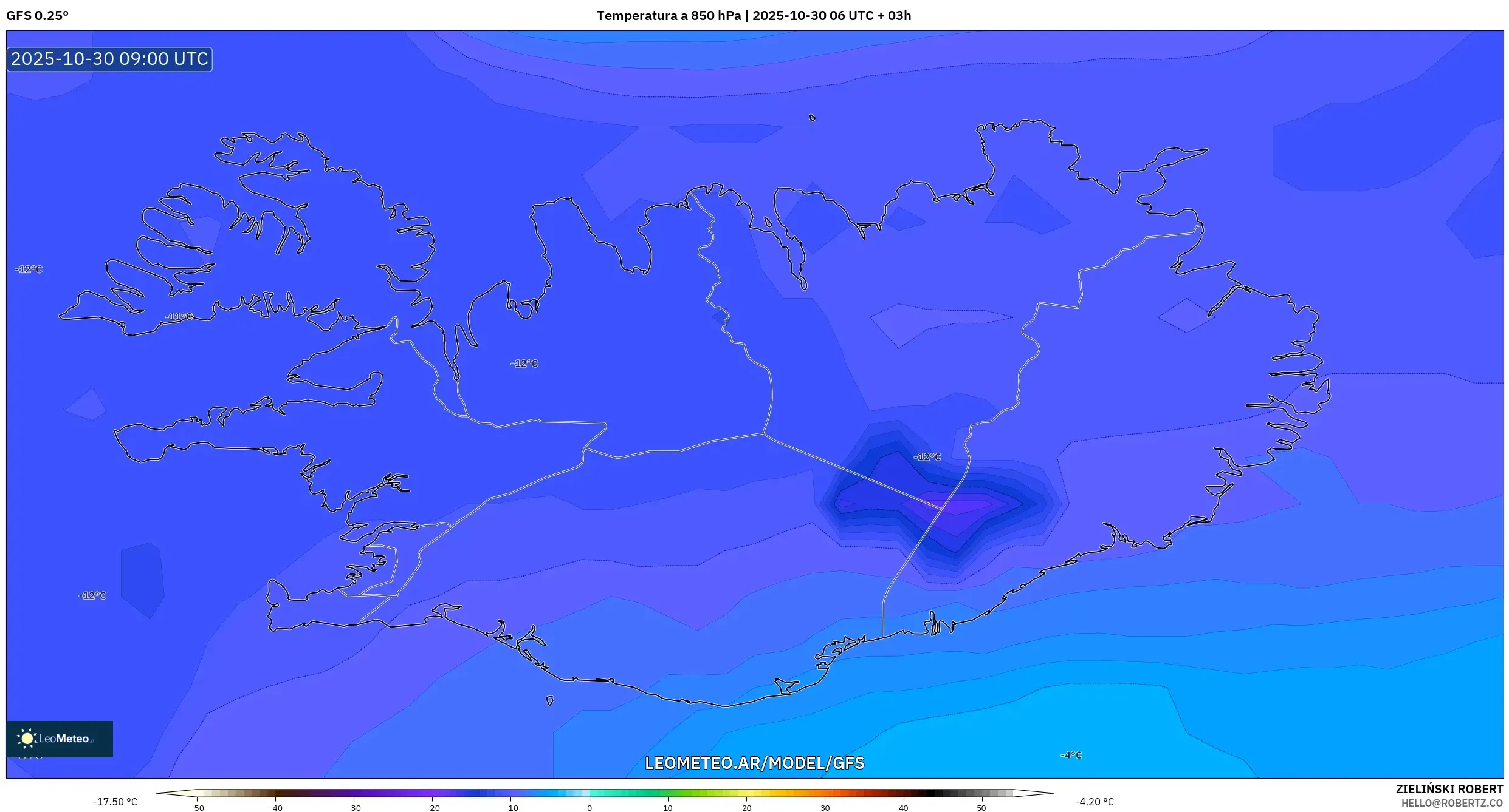 GFS model - Islandia, Temperatura a 850 hPa GFS model - Islandia, Temperatura a 850 hPa