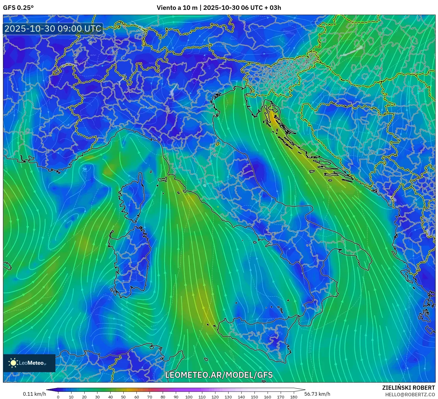 GFS model - Italia, Viento a 10 m GFS model - Italia, Viento a 10 m