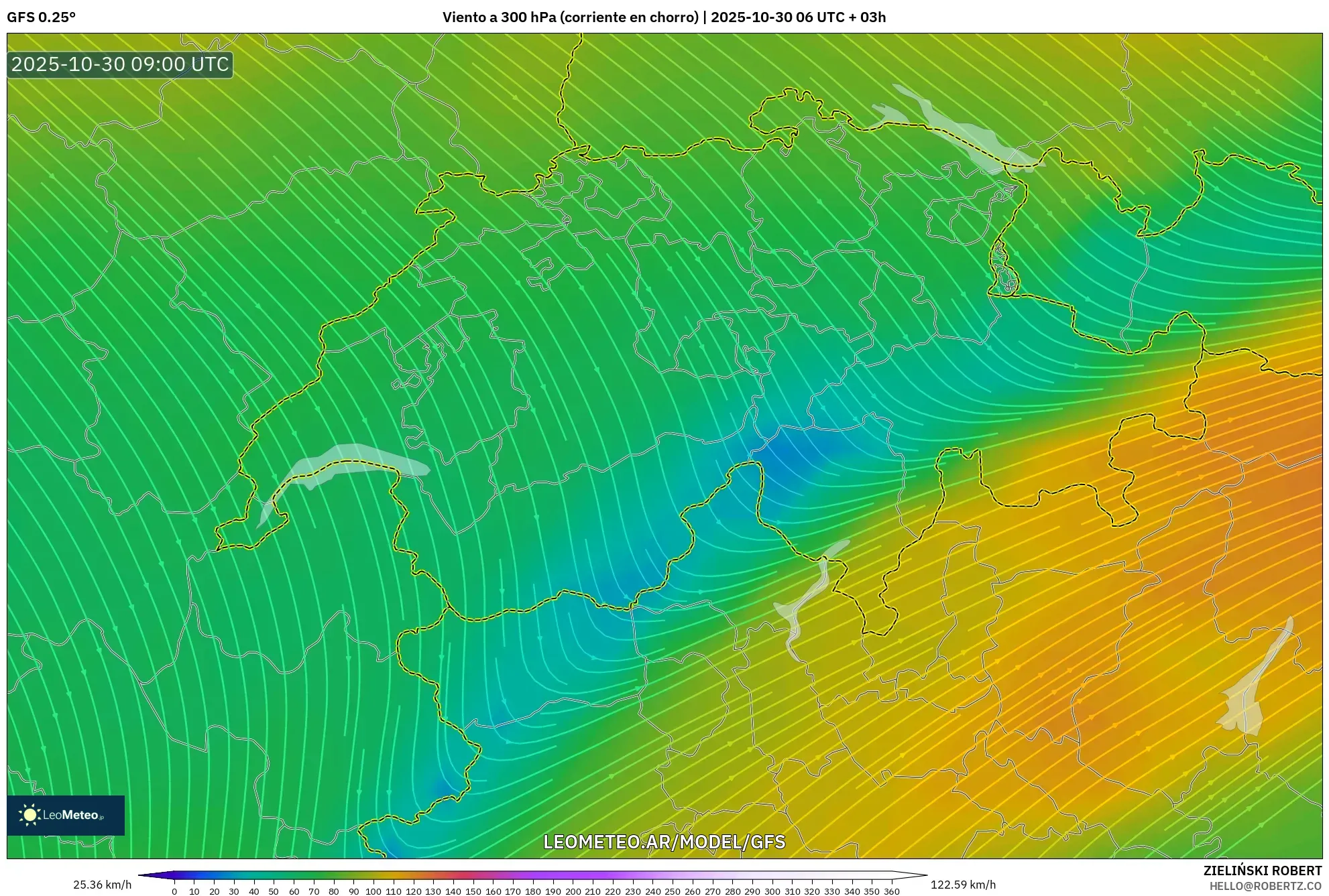 GFS model - Suiza, Viento a 300 hPa (corriente en chorro) GFS model - Suiza, Viento a 300 hPa (corriente en chorro)