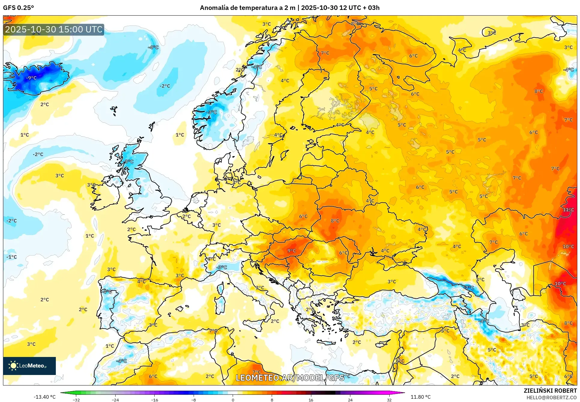 GFS model - Europa, Anomalía de temperatura a 2 m GFS model - Europa, Anomalía de temperatura a 2 m