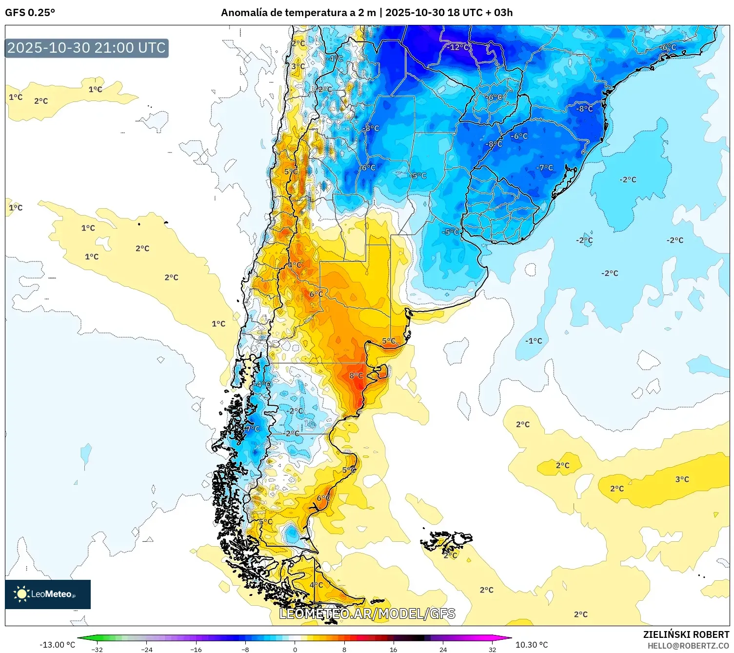 GFS model - Argentina, Anomalía de temperatura a 2 m GFS model - Argentina, Anomalía de temperatura a 2 m
