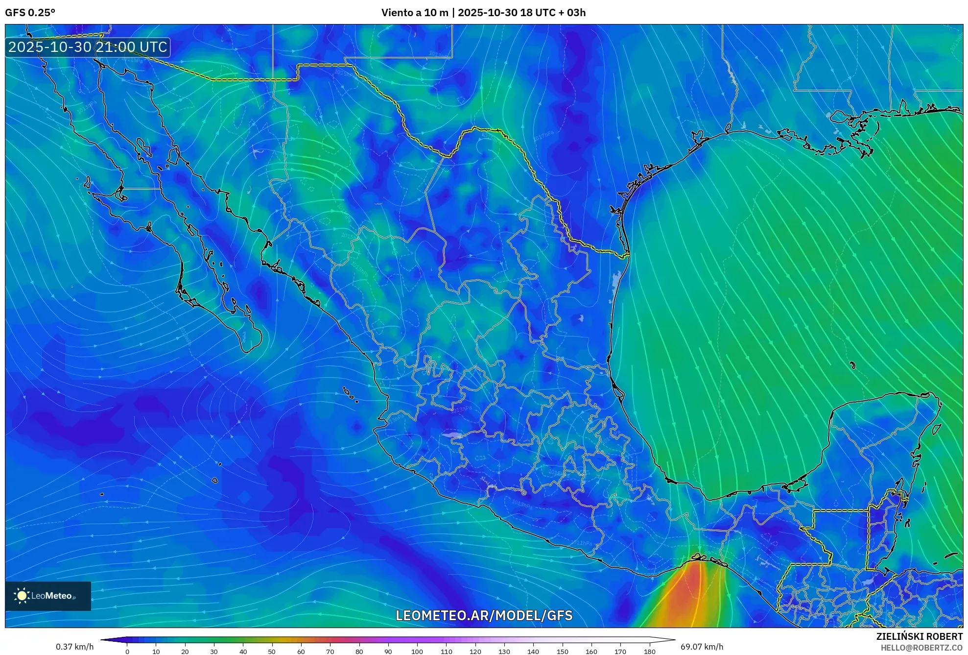 GFS model - México, Viento a 10 m GFS model - México, Viento a 10 m