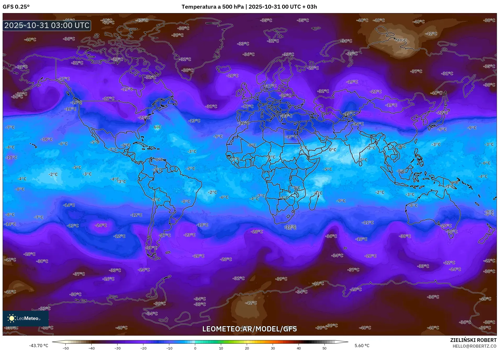 GFS model - Mundo, Temperatura a 500 hPa GFS model - Mundo, Temperatura a 500 hPa