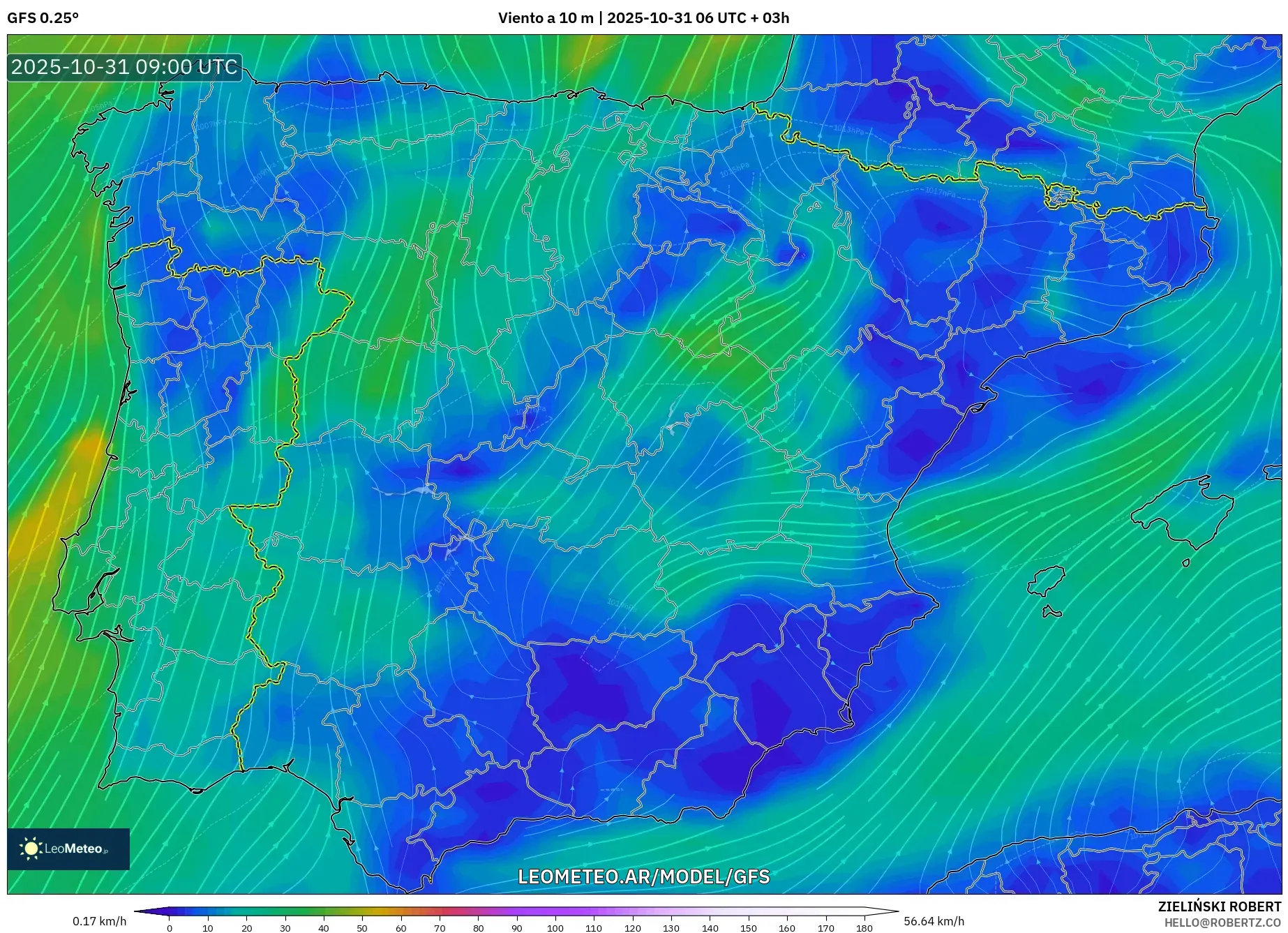 GFS model - España, Viento a 10 m GFS model - España, Viento a 10 m