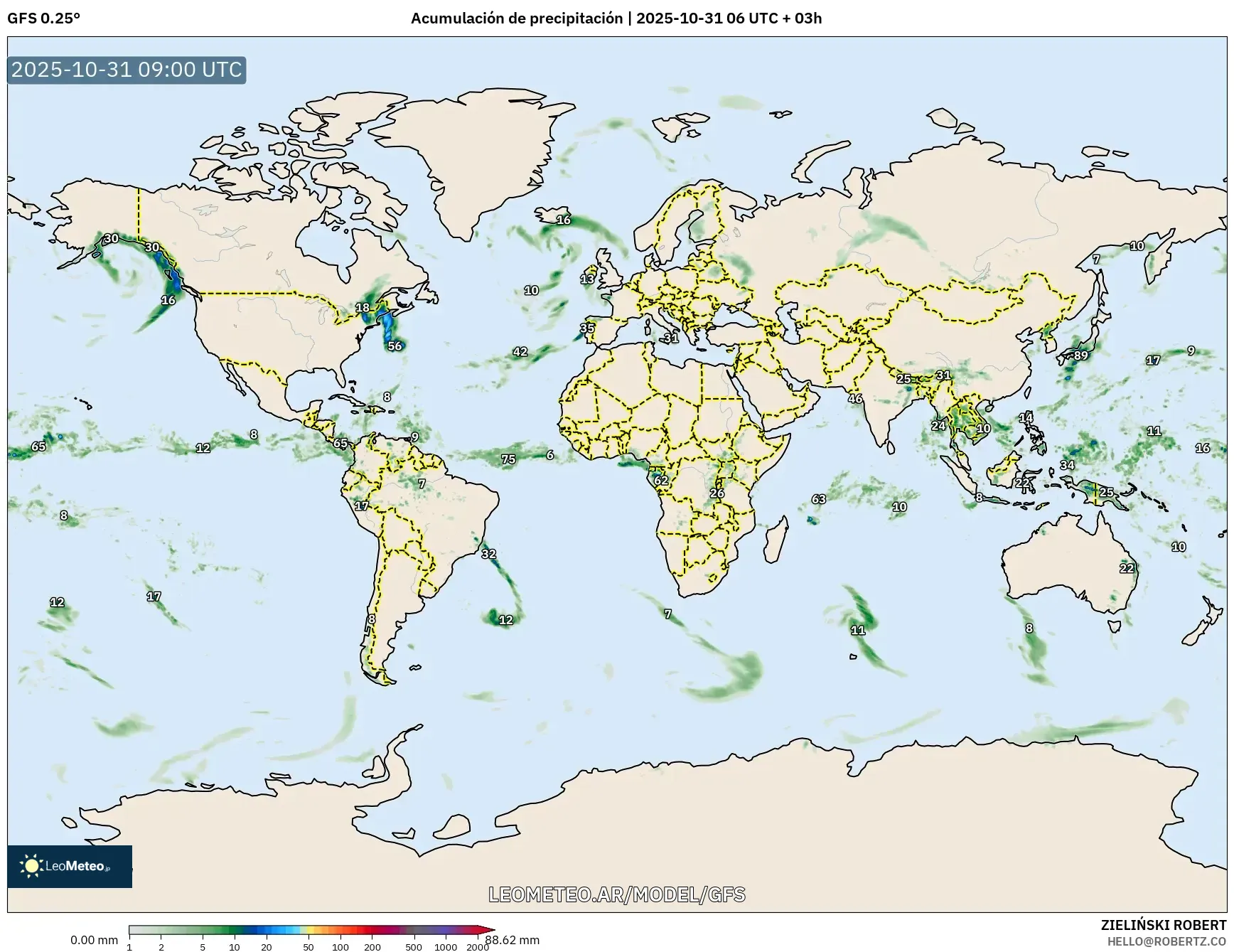 GFS model - Mundo, Acumulación de precipitación GFS model - Mundo, Acumulación de precipitación