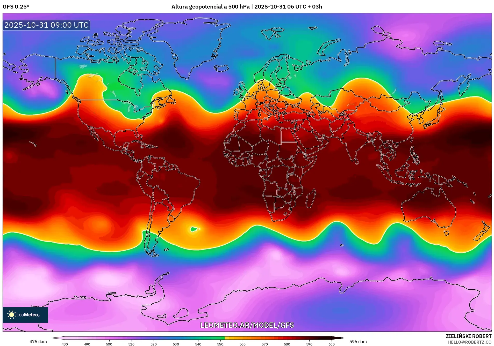 GFS model - Mundo, Altura geopotencial a 500 hPa GFS model - Mundo, Altura geopotencial a 500 hPa