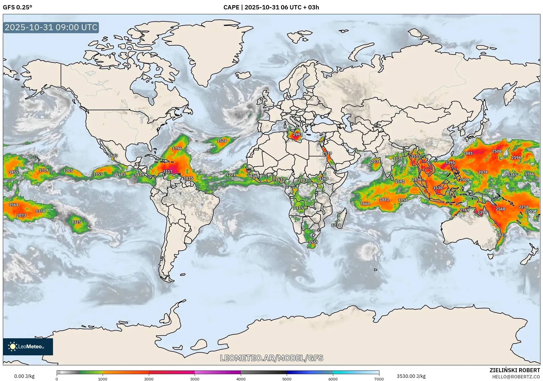GFS model - Mundo, CAPE GFS model - Mundo, CAPE