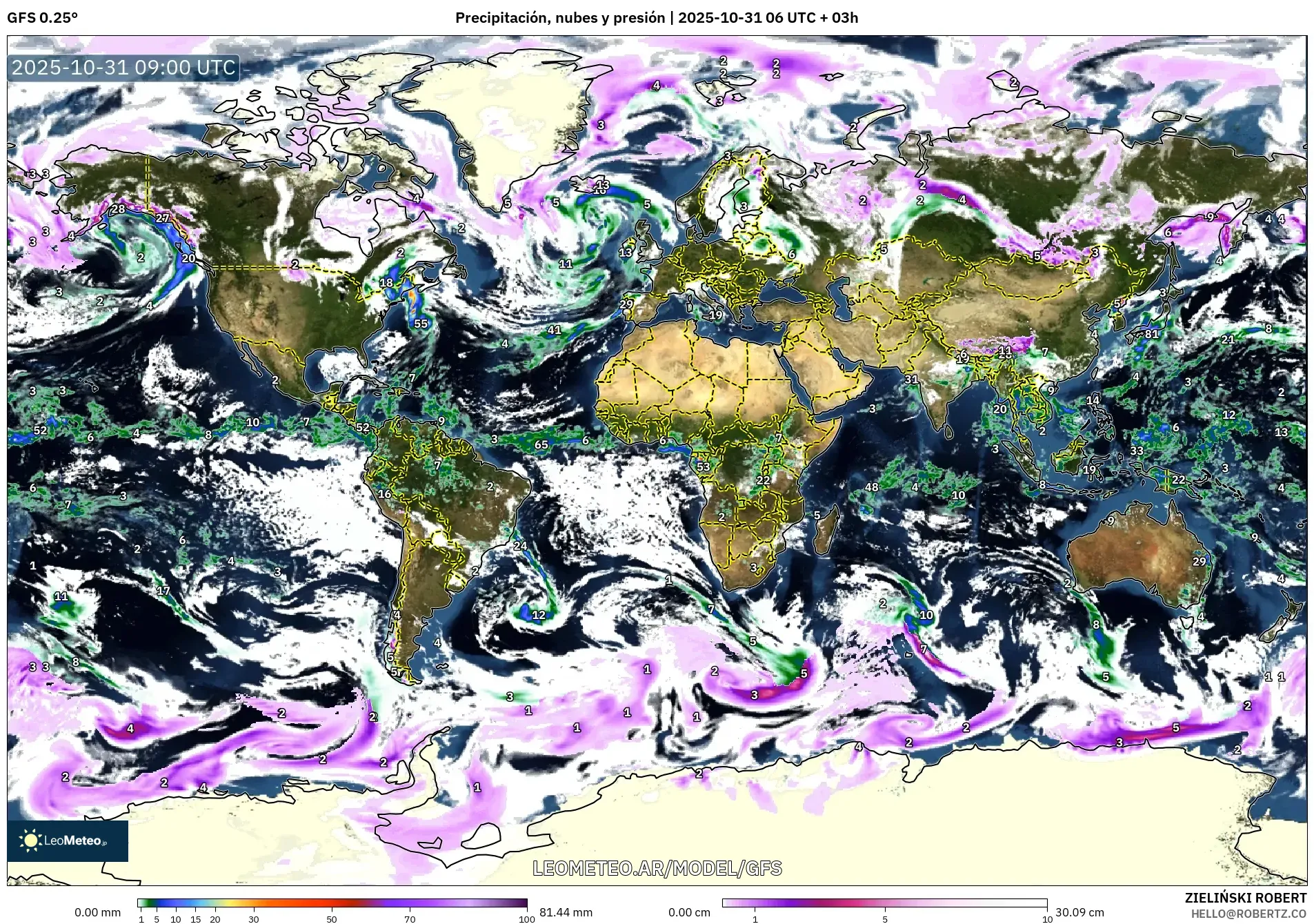GFS model - Mundo, Precipitación, nubes y presión GFS model - Mundo, Precipitación, nubes y presión