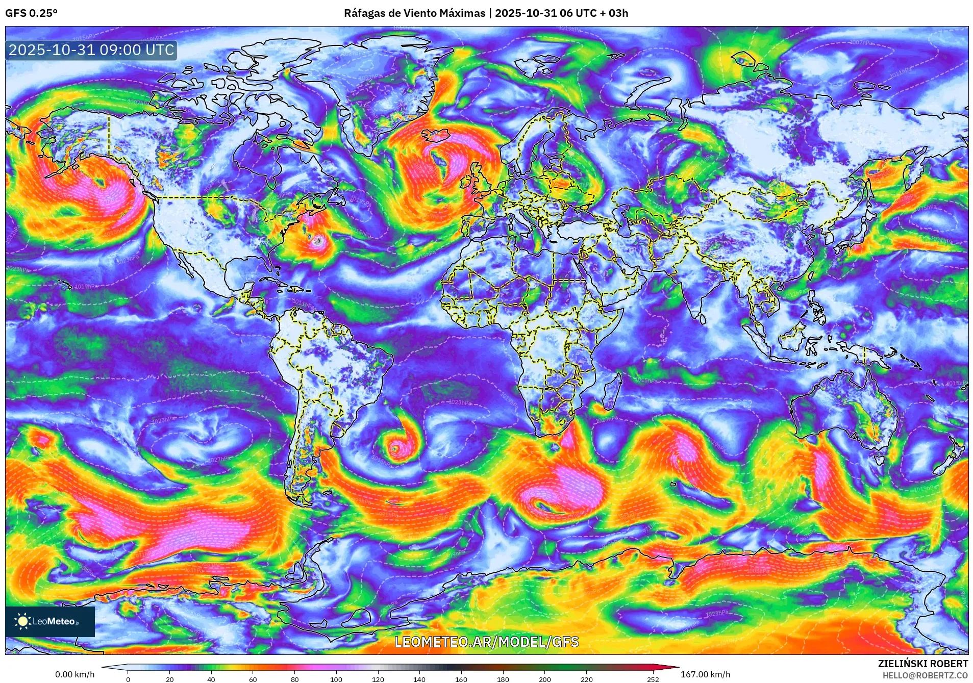 GFS model - Mundo, Ráfagas de Viento Máximas GFS model - Mundo, Ráfagas de Viento Máximas