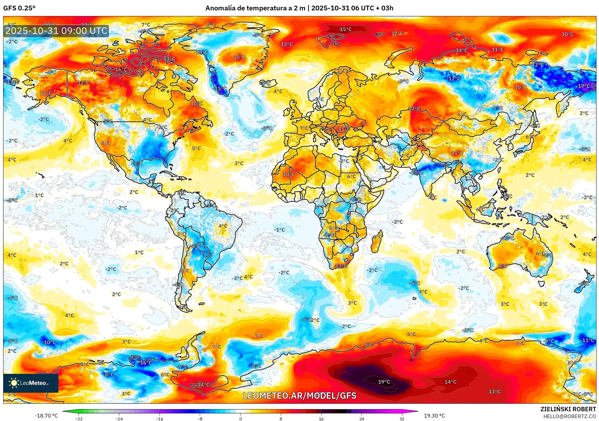 GFS model - Mundo, Anomalía de temperatura a 2 m GFS model - Mundo, Anomalía de temperatura a 2 m