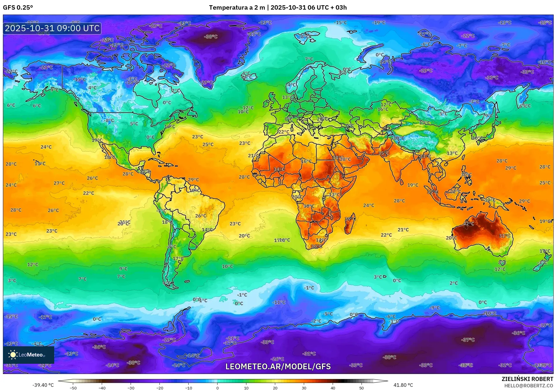 GFS model - Mundo, Temperatura a 2 m GFS model - Mundo, Temperatura a 2 m