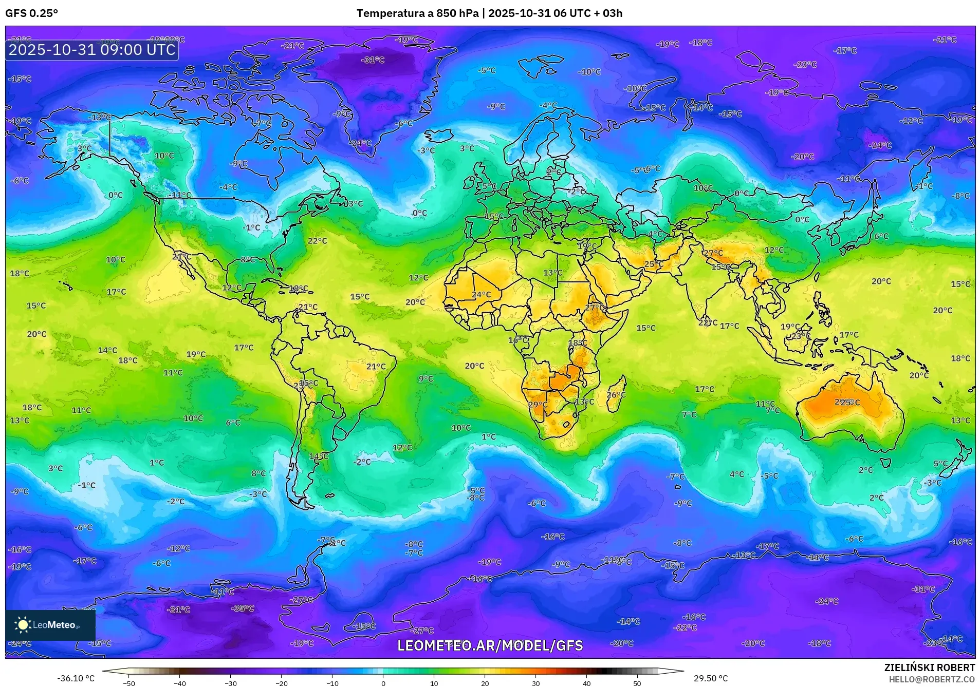 GFS model - Mundo, Temperatura a 850 hPa GFS model - Mundo, Temperatura a 850 hPa