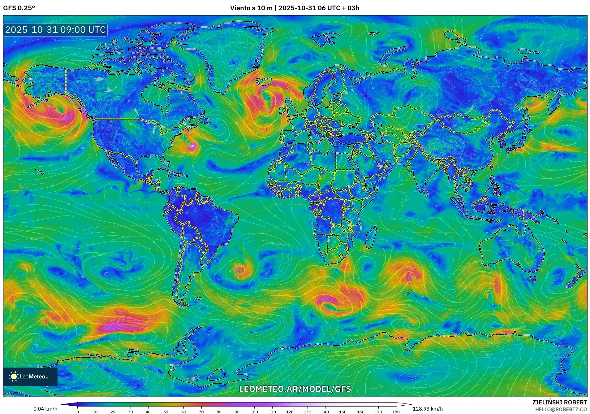 GFS model - Mundo, Viento a 10 m GFS model - Mundo, Viento a 10 m