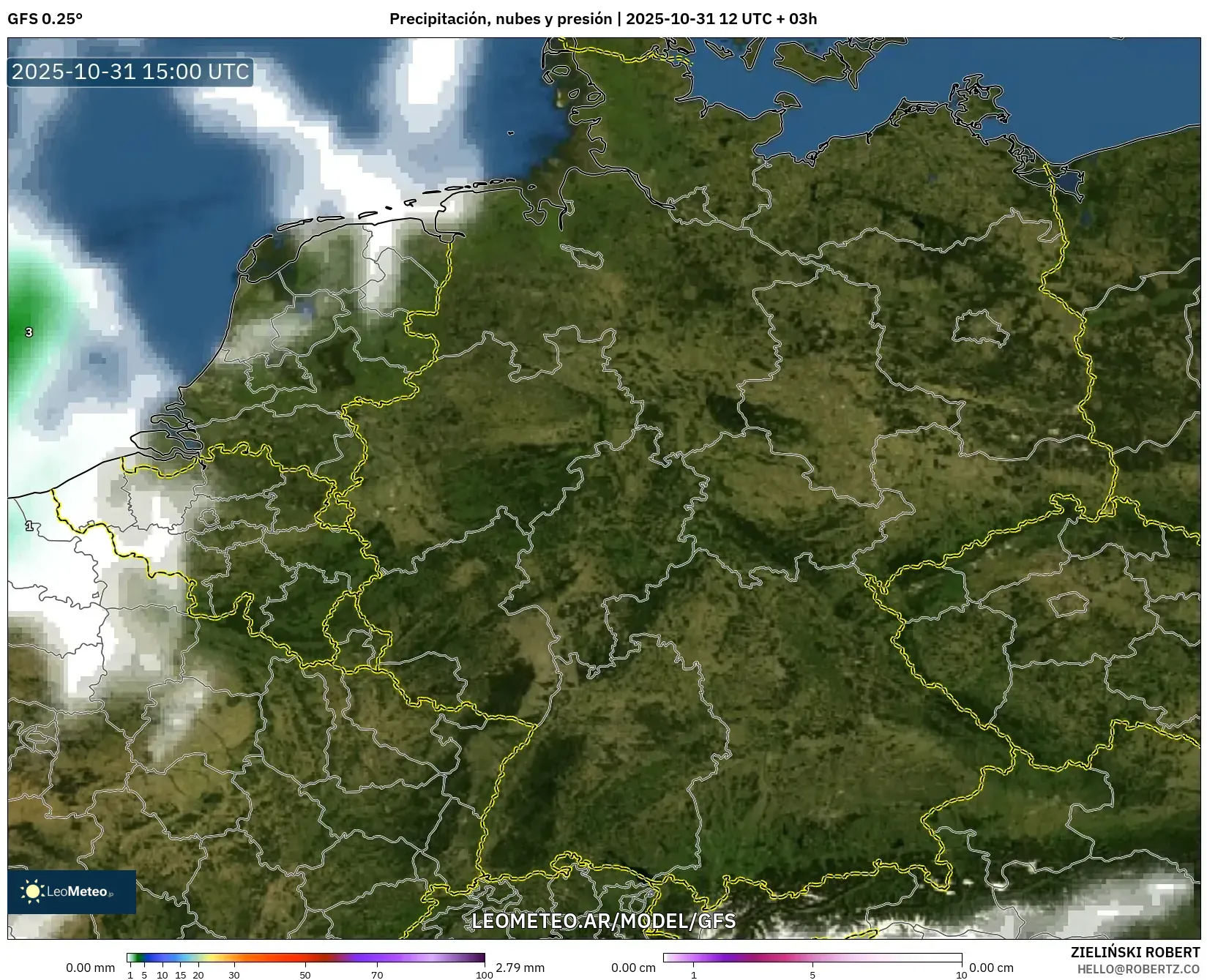 GFS model - Alemania, Precipitación, nubes y presión GFS model - Alemania, Precipitación, nubes y presión