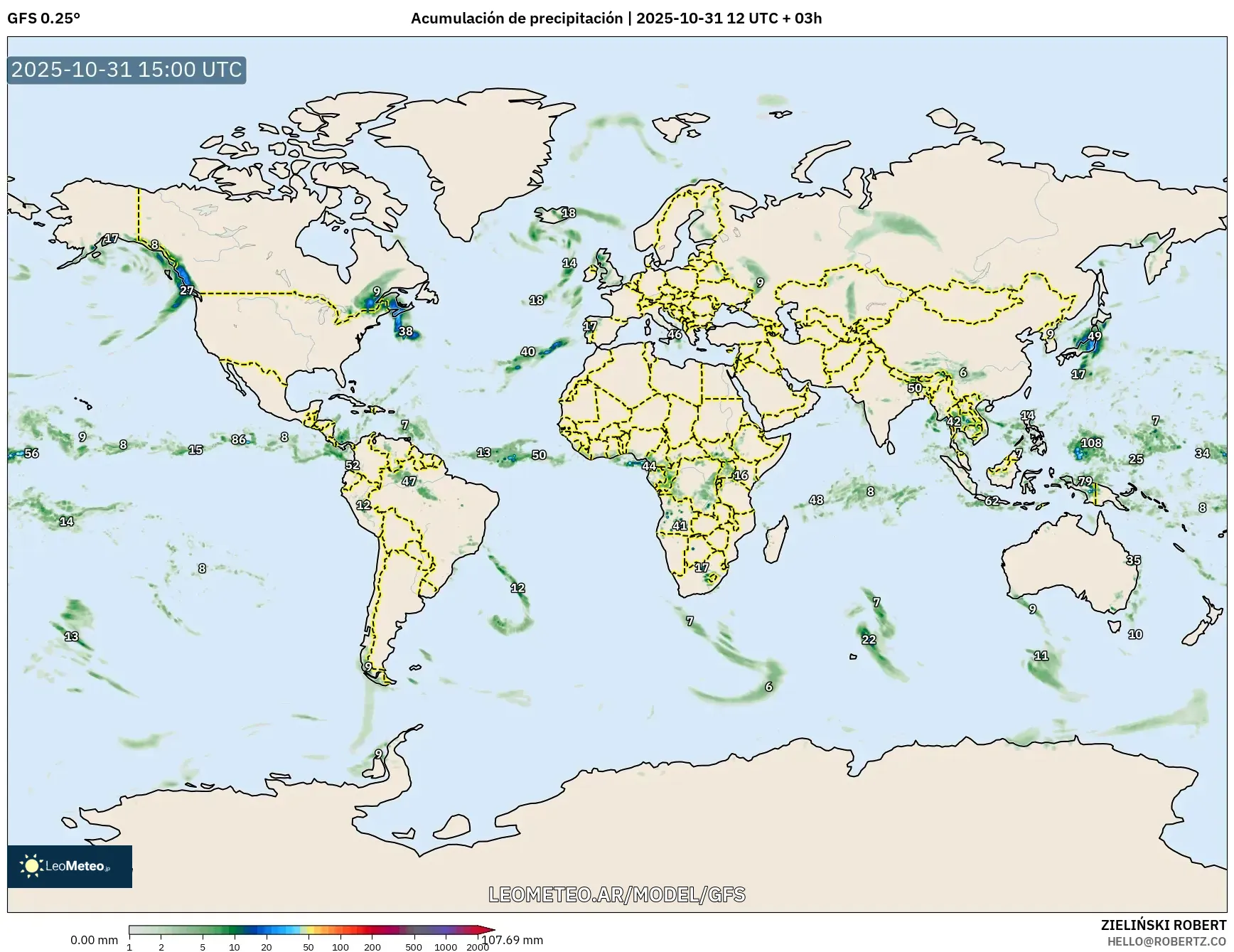GFS model - Mundo, Acumulación de precipitación GFS model - Mundo, Acumulación de precipitación