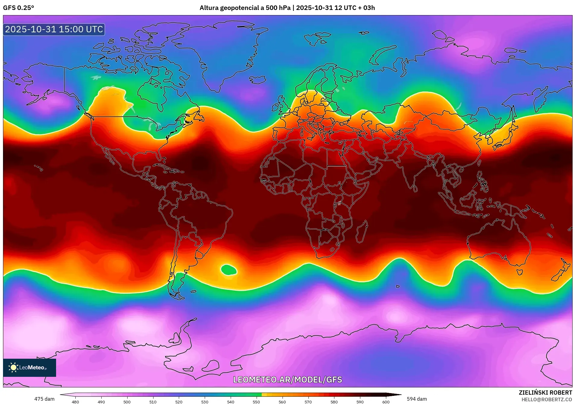GFS model - Mundo, Altura geopotencial a 500 hPa GFS model - Mundo, Altura geopotencial a 500 hPa