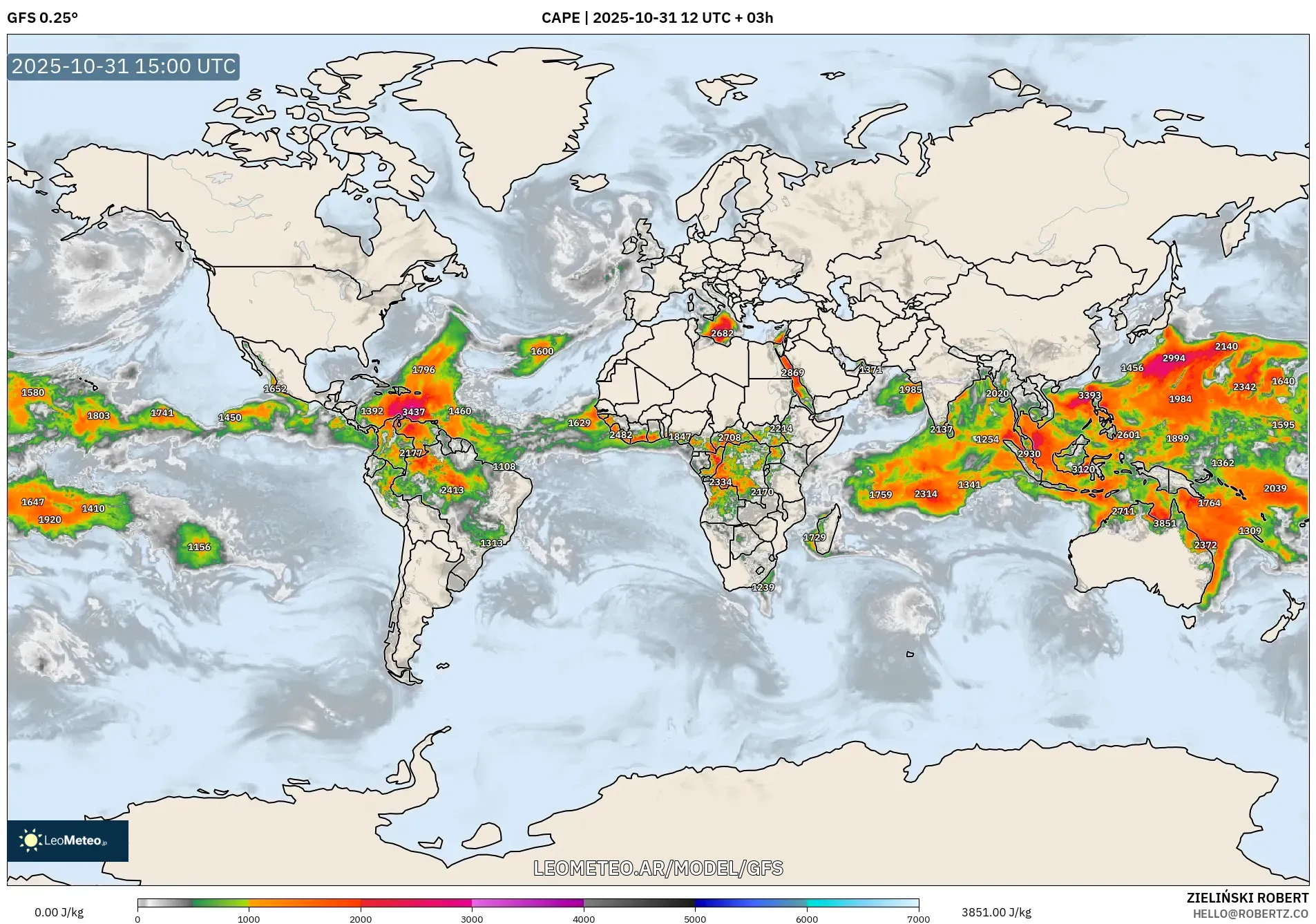 GFS model - Mundo, CAPE GFS model - Mundo, CAPE