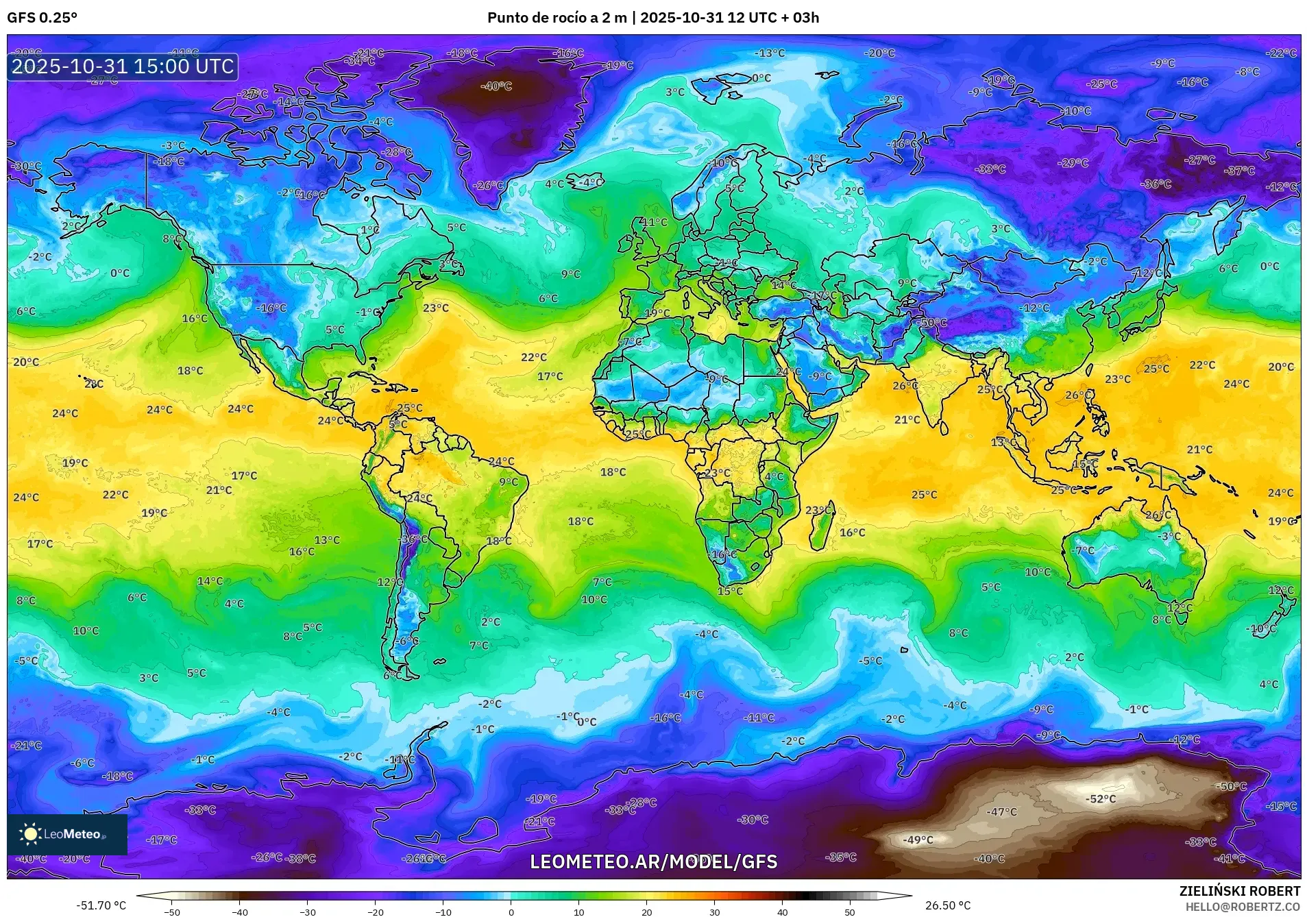 GFS model - Mundo, Punto de rocío a 2 m
