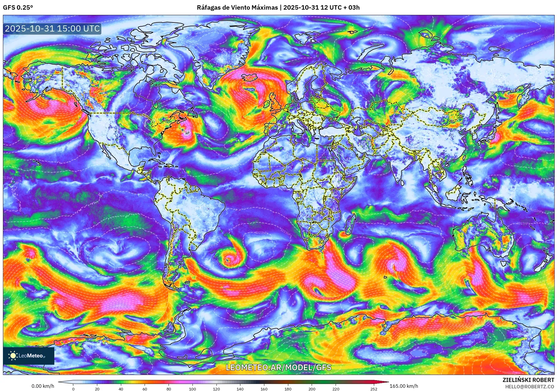 GFS model - Mundo, Ráfagas de Viento Máximas GFS model - Mundo, Ráfagas de Viento Máximas