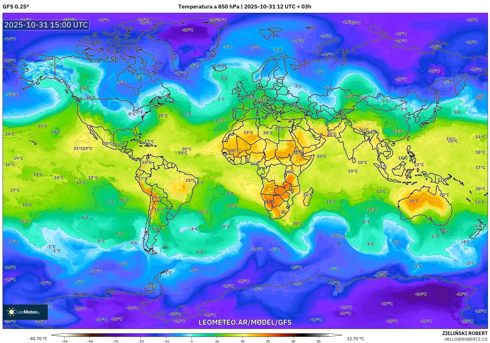 GFS model - Mundo, Temperatura a 850 hPa GFS model - Mundo, Temperatura a 850 hPa