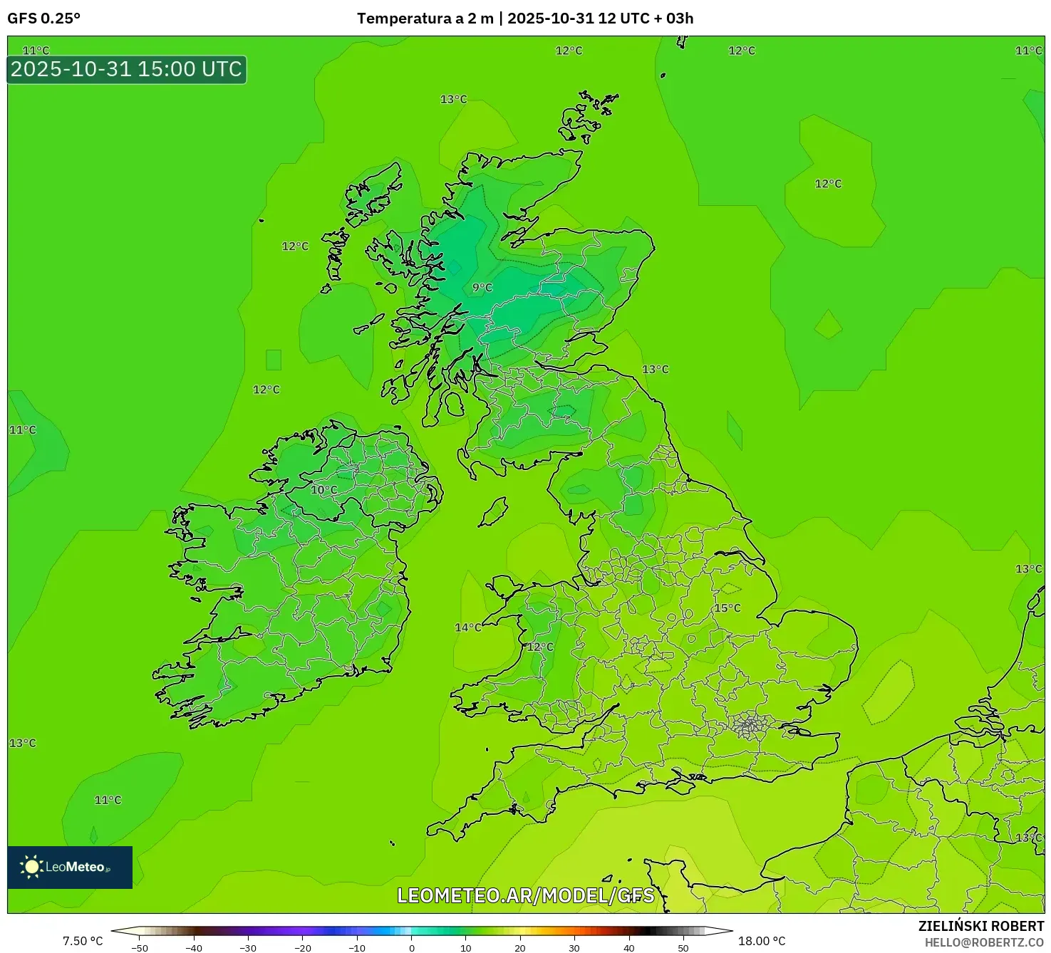 GFS model - Reino Unido, Temperatura a 2 m GFS model - Reino Unido, Temperatura a 2 m