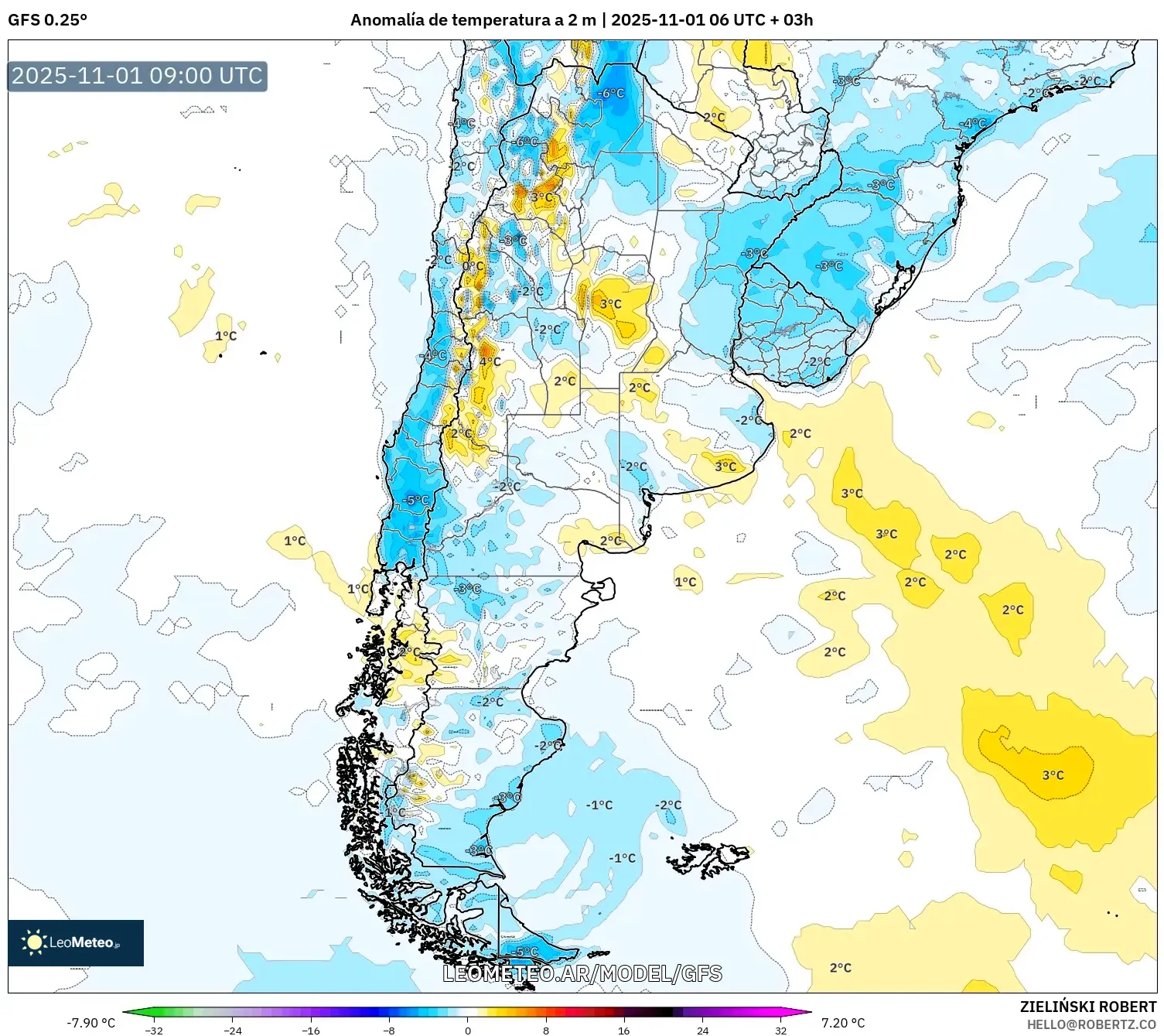 GFS model - Argentina, Anomalía de temperatura a 2 m GFS model - Argentina, Anomalía de temperatura a 2 m