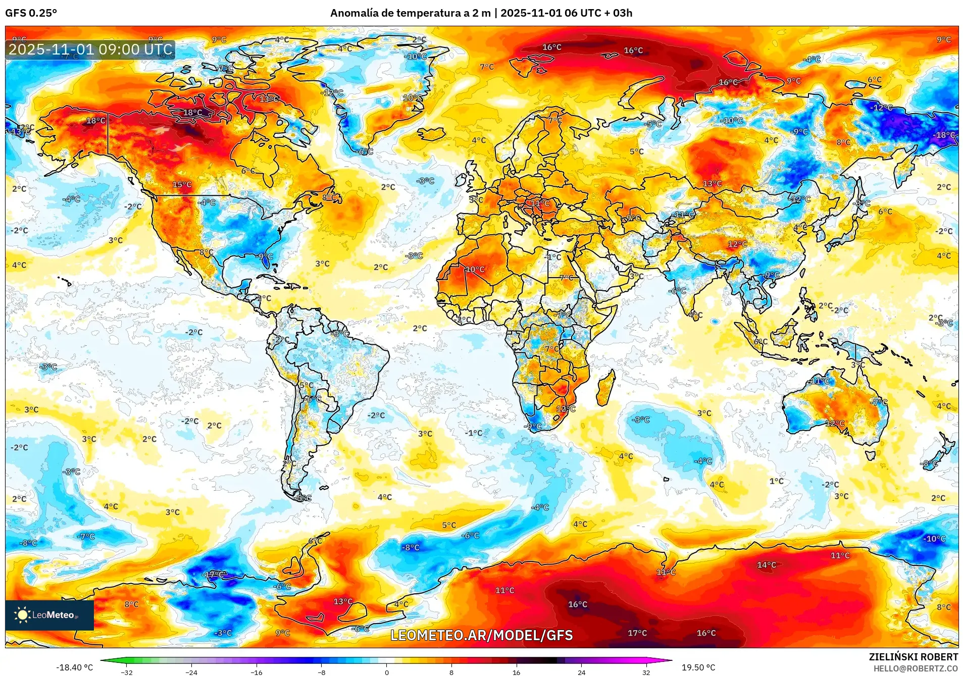 GFS model - Mundo, Anomalía de temperatura a 2 m GFS model - Mundo, Anomalía de temperatura a 2 m