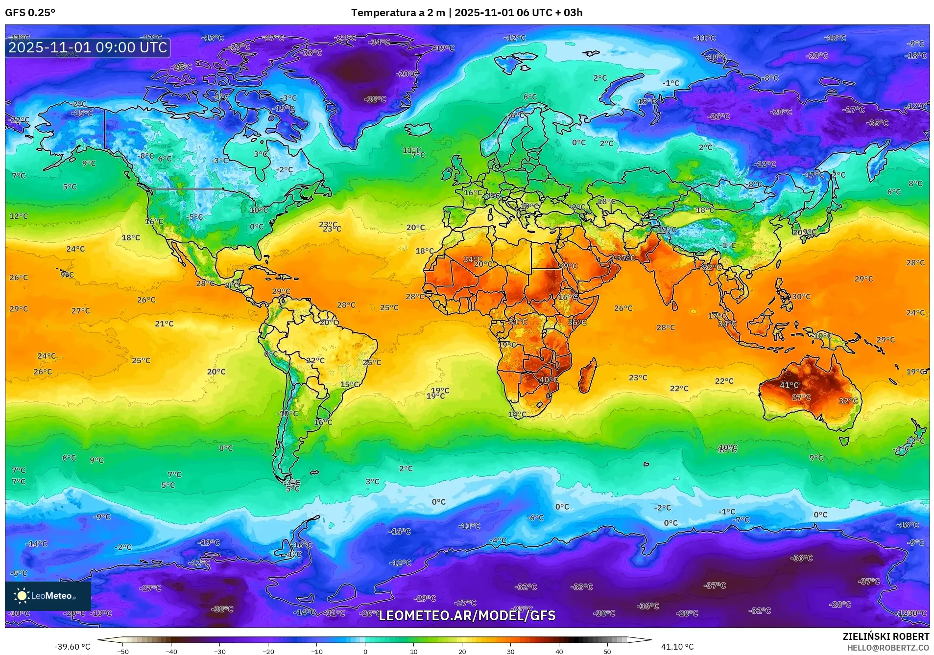 GFS model - Mundo, Temperatura a 2 m GFS model - Mundo, Temperatura a 2 m