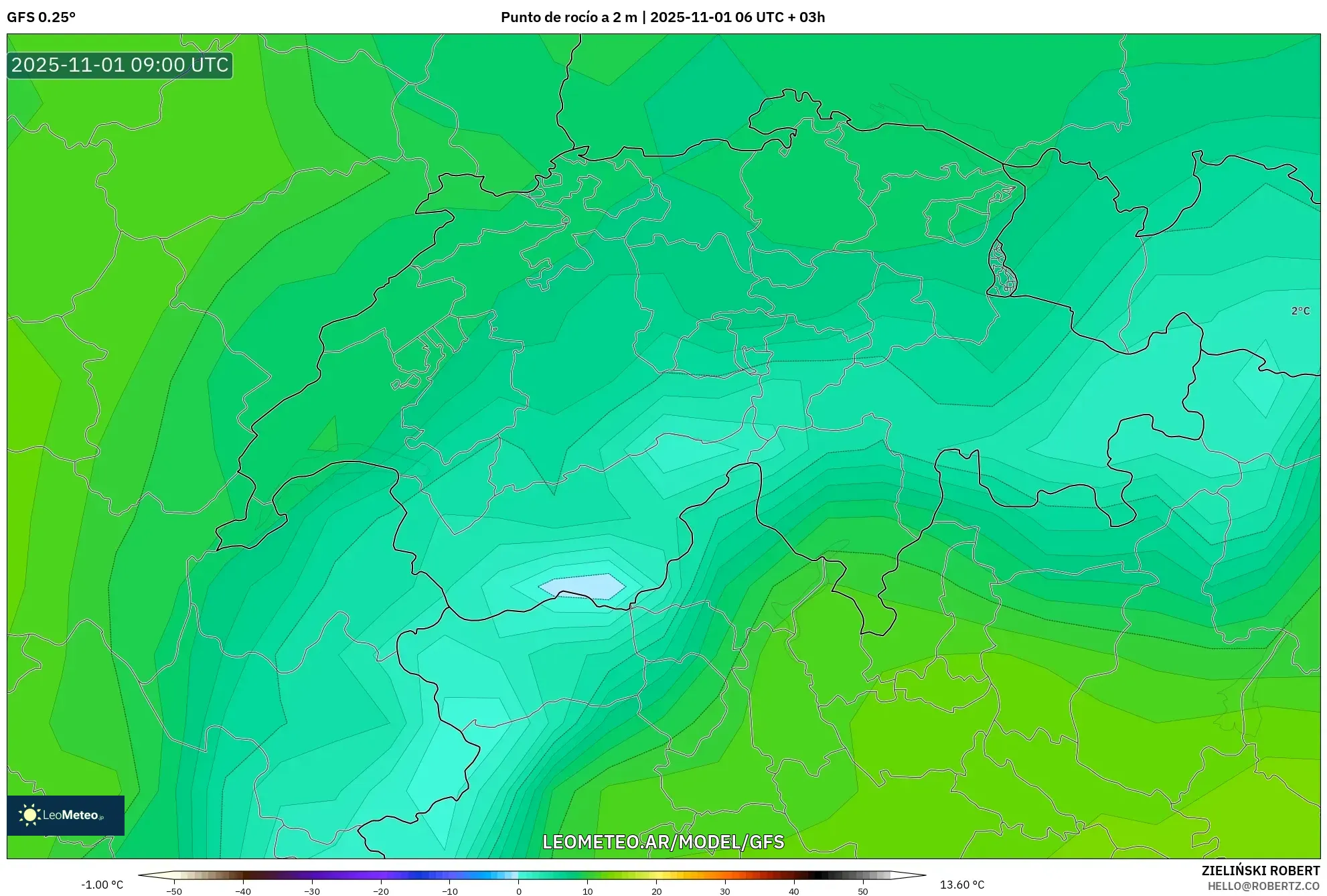 GFS model - Suiza, Punto de rocío a 2 m GFS model - Suiza, Punto de rocío a 2 m