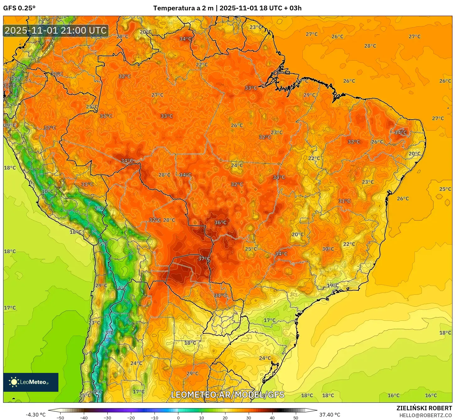GFS model - Brasil, Temperatura a 2 m