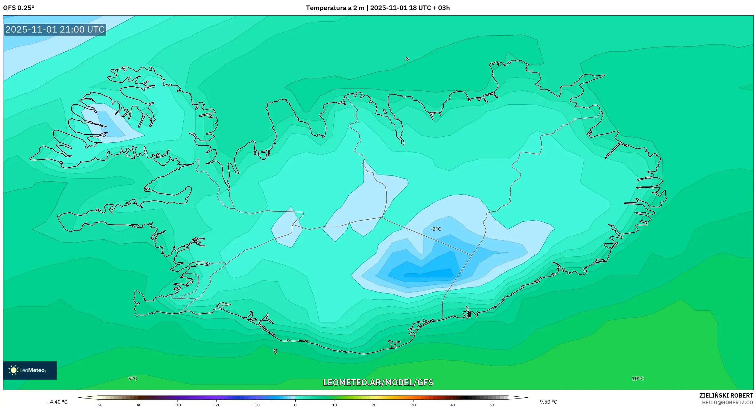 GFS model - Islandia, Temperatura a 2 m GFS model - Islandia, Temperatura a 2 m