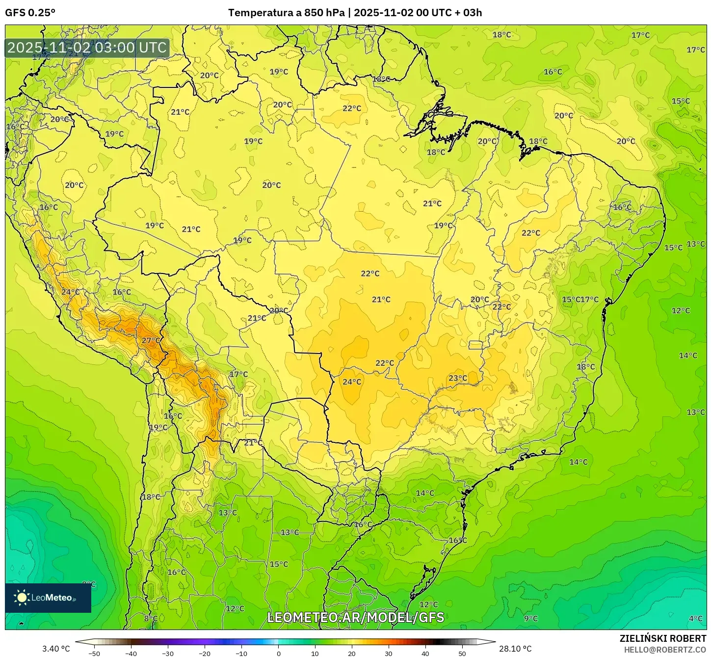 GFS model - Brasil, Temperatura a 850 hPa GFS model - Brasil, Temperatura a 850 hPa