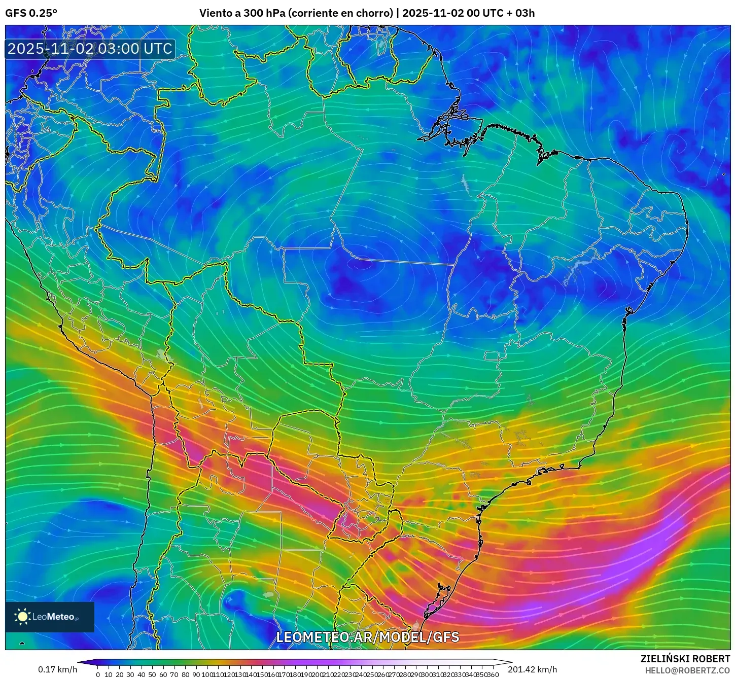GFS model - Brasil, Viento a 300 hPa (corriente en chorro) GFS model - Brasil, Viento a 300 hPa (corriente en chorro)