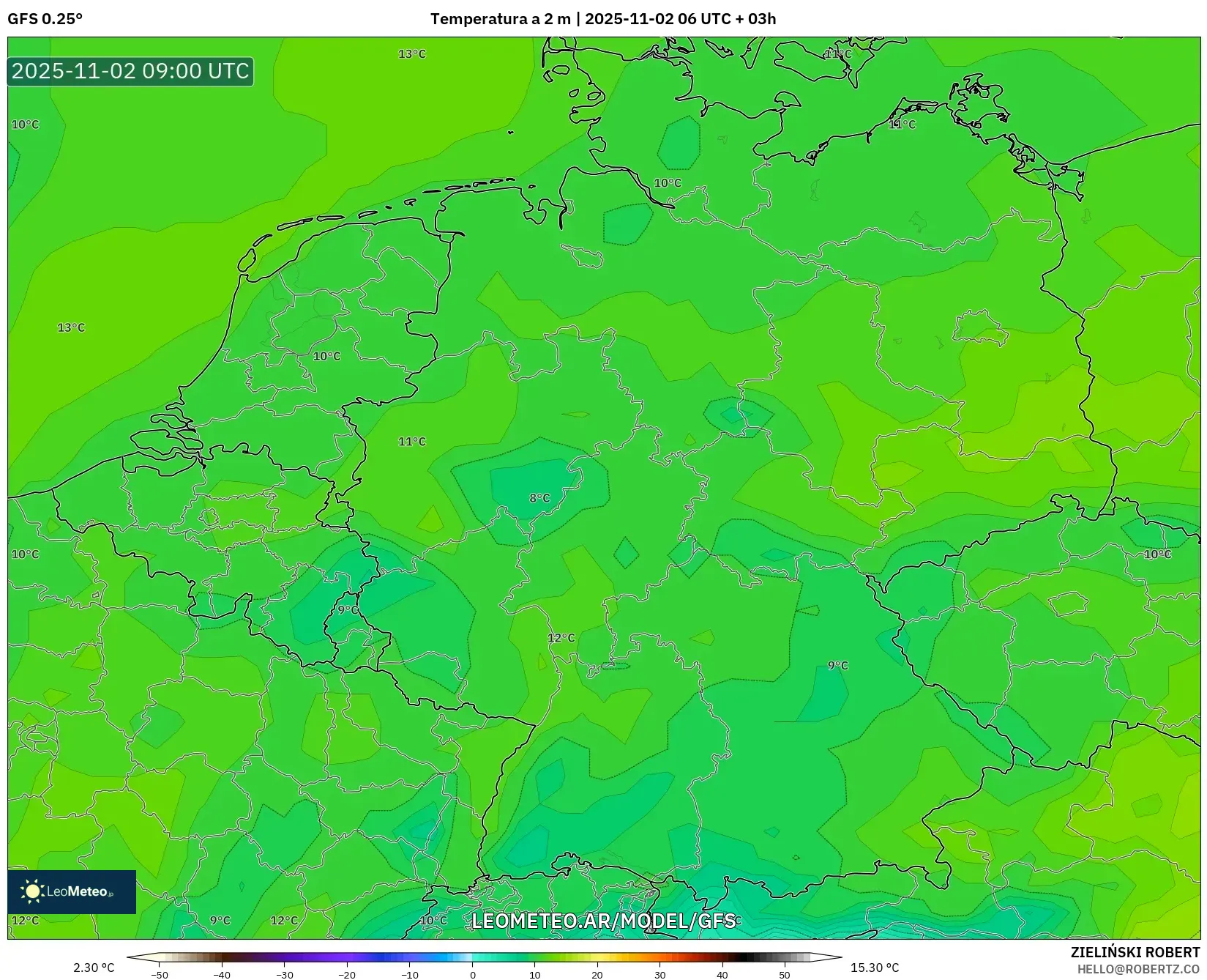 GFS model - Alemania, Temperatura a 2 m GFS model - Alemania, Temperatura a 2 m