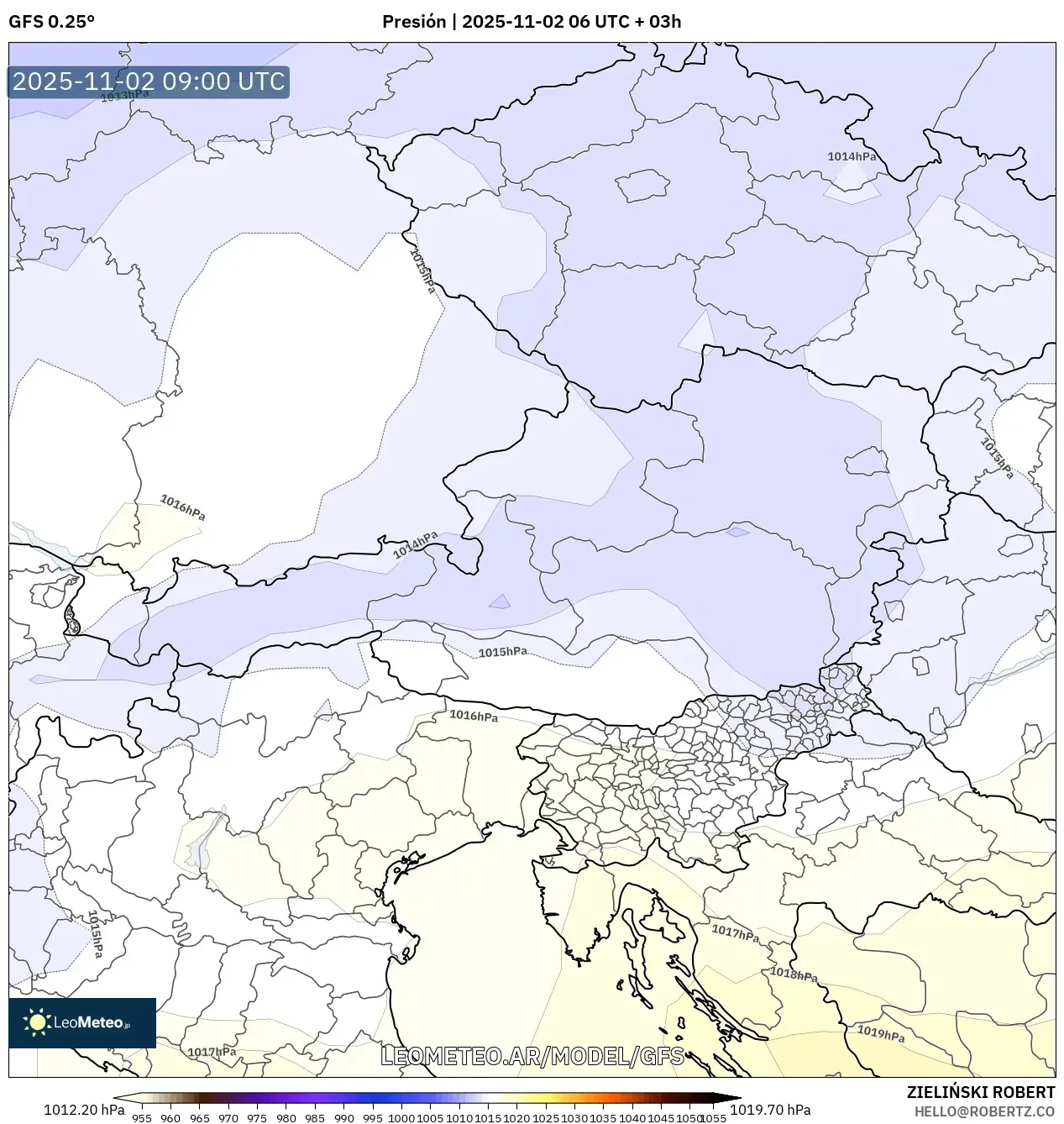 GFS model - Austria, Presión GFS model - Austria, Presión