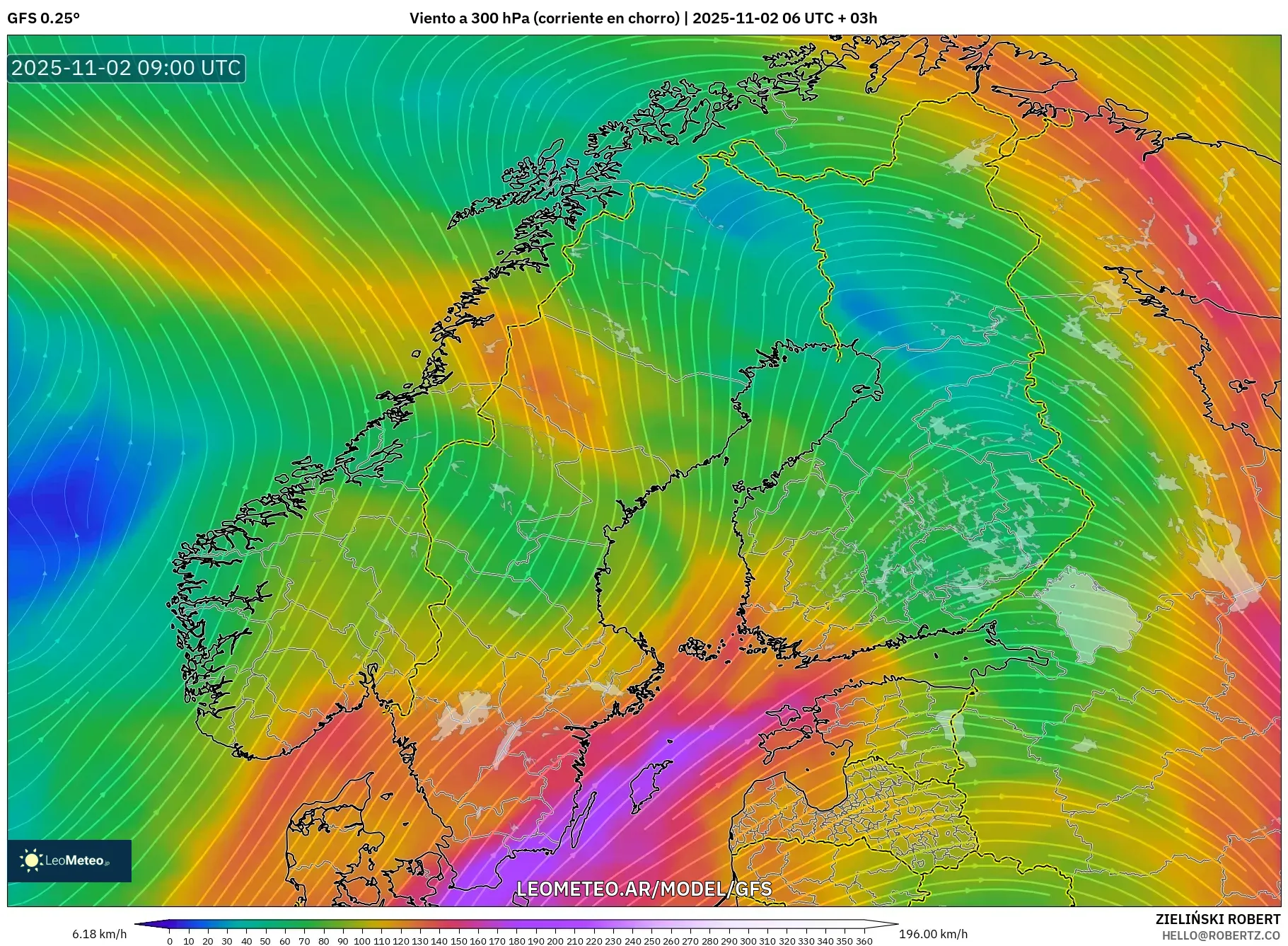 GFS model - Escandinavia, Viento a 300 hPa (corriente en chorro) GFS model - Escandinavia, Viento a 300 hPa (corriente en chorro)