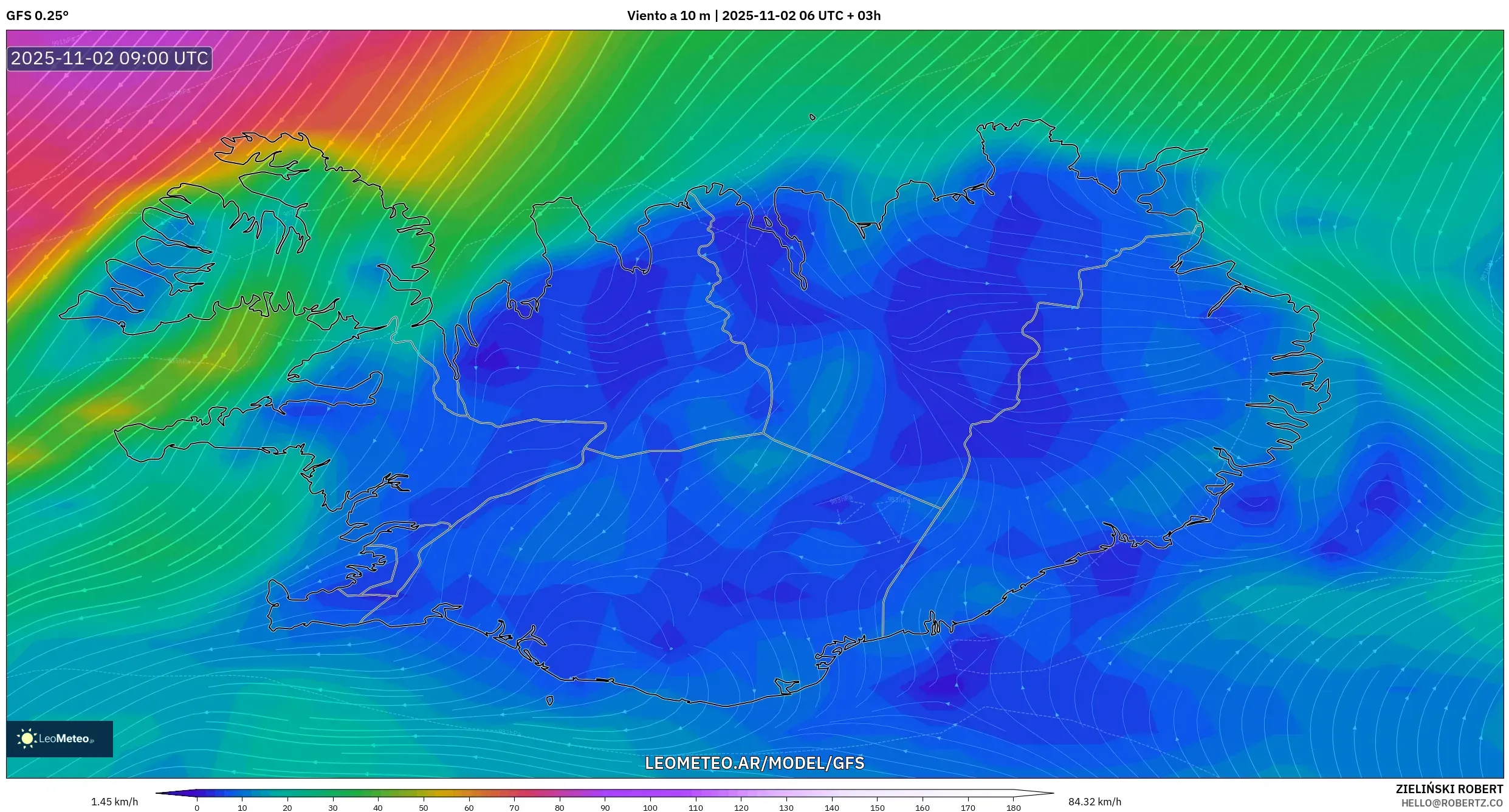 GFS model - Islandia, Viento a 10 m GFS model - Islandia, Viento a 10 m