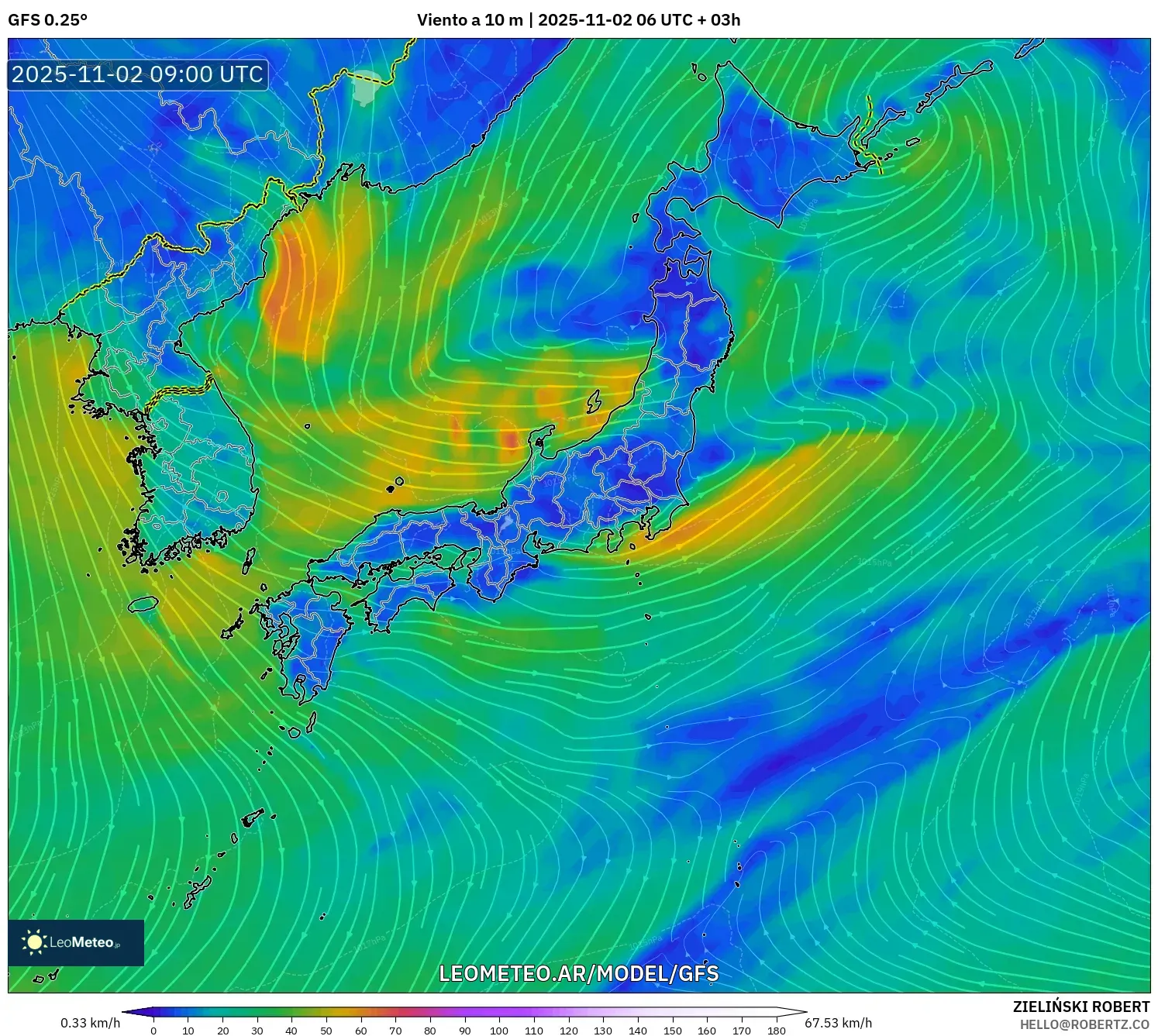 GFS model - Japón, Viento a 10 m GFS model - Japón, Viento a 10 m