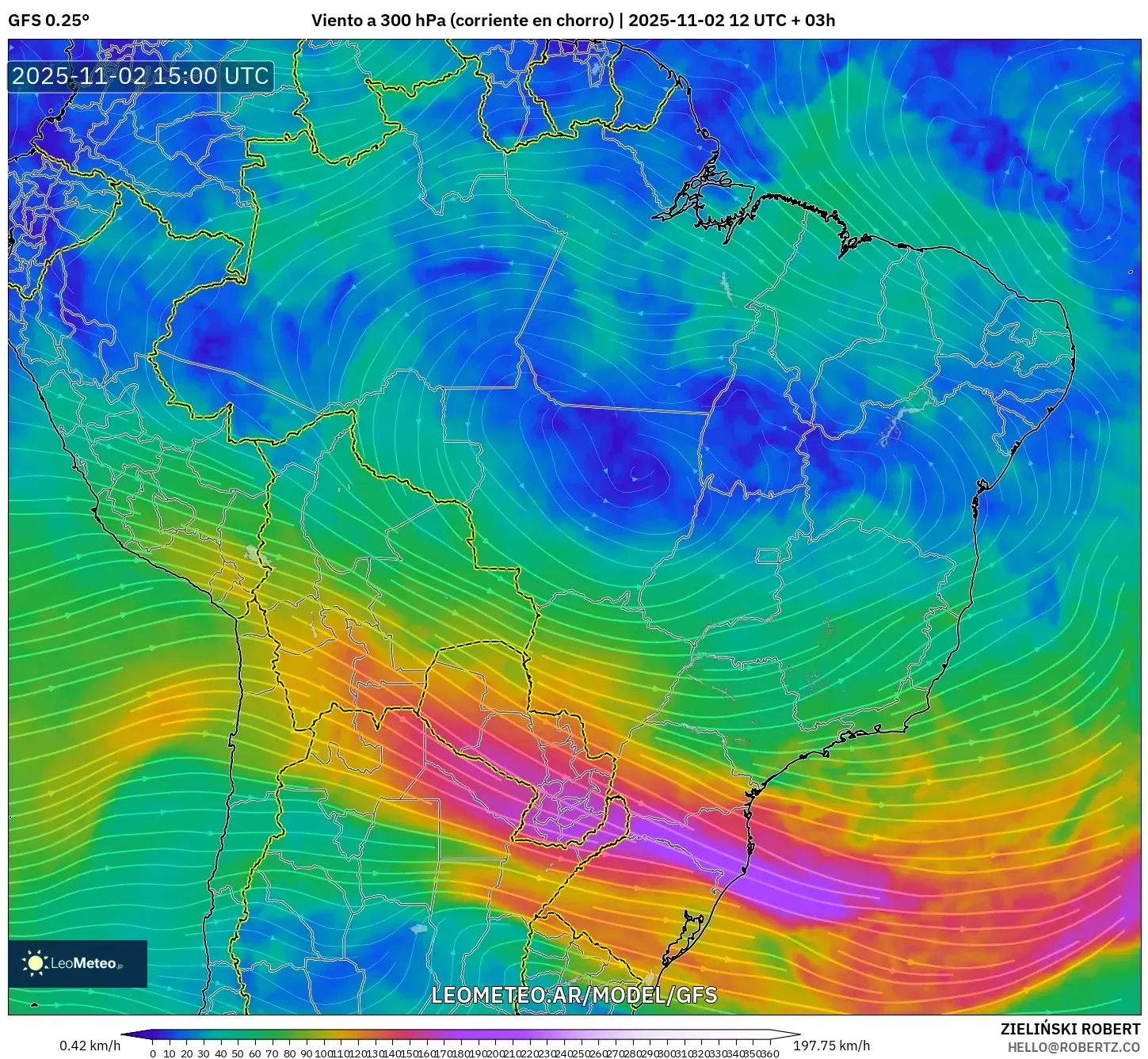 GFS model - Brasil, Viento a 300 hPa (corriente en chorro)