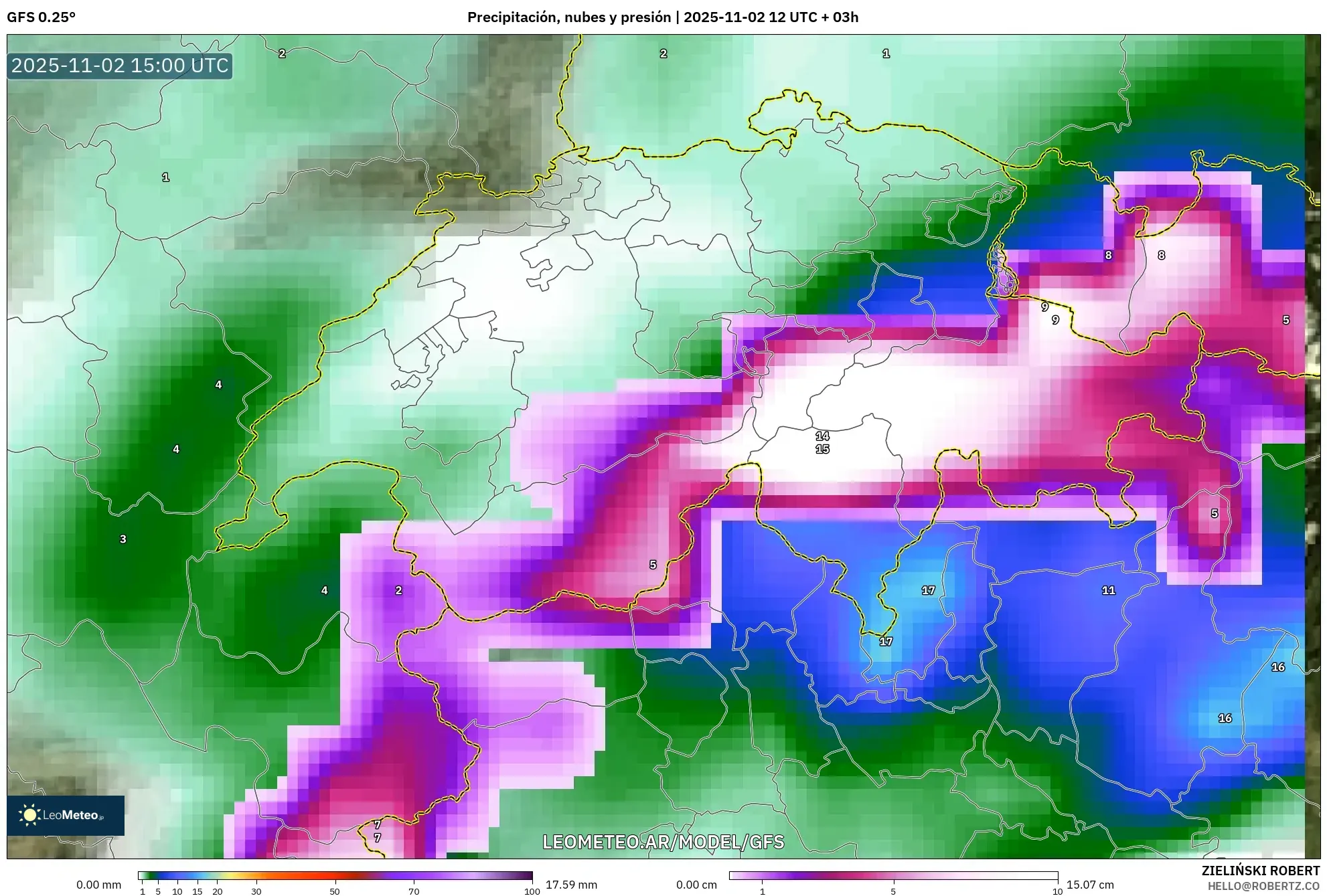 GFS model - Suiza, Precipitación, nubes y presión
